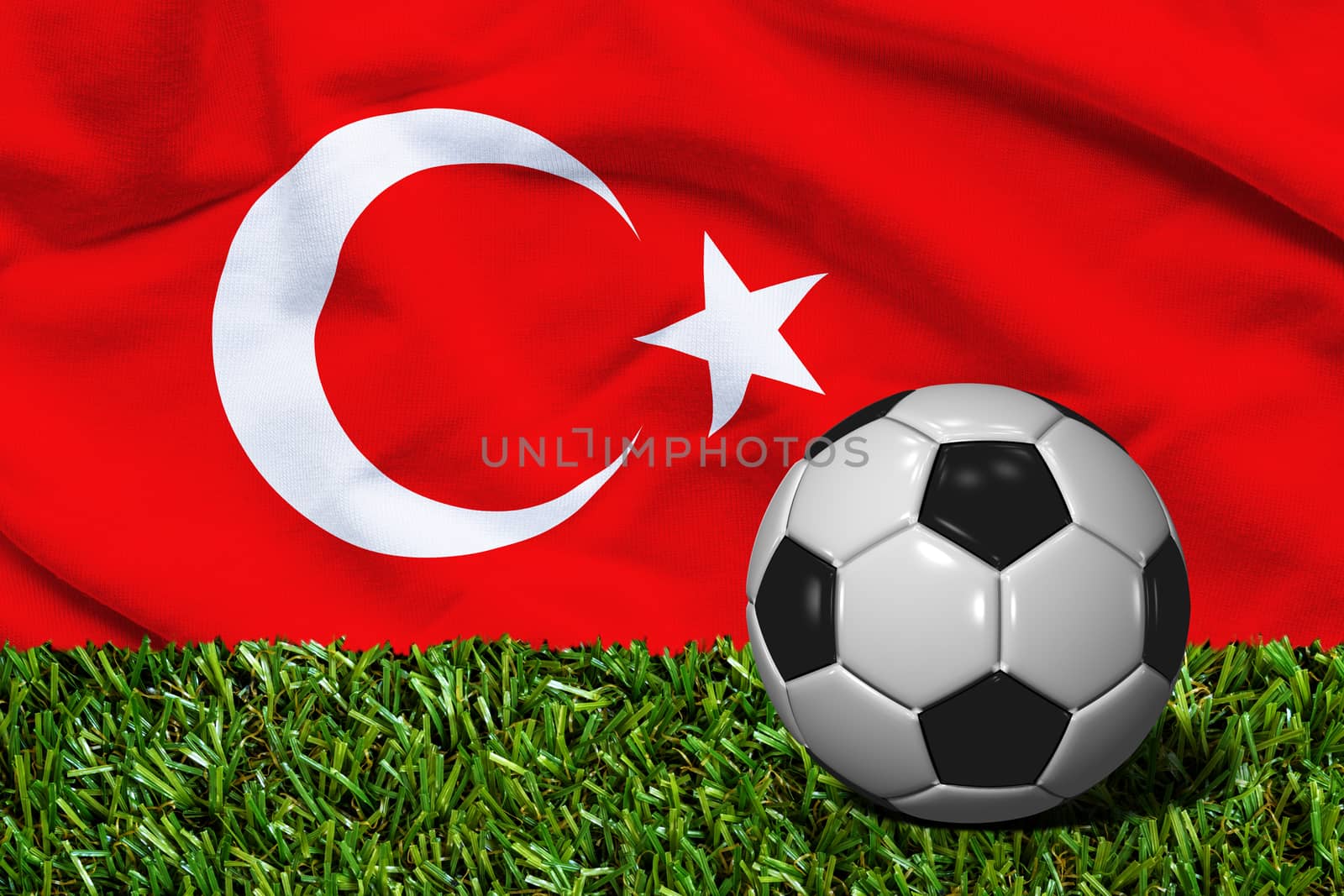 3D rendered soccer ball in grass field with Turkey flag as Background