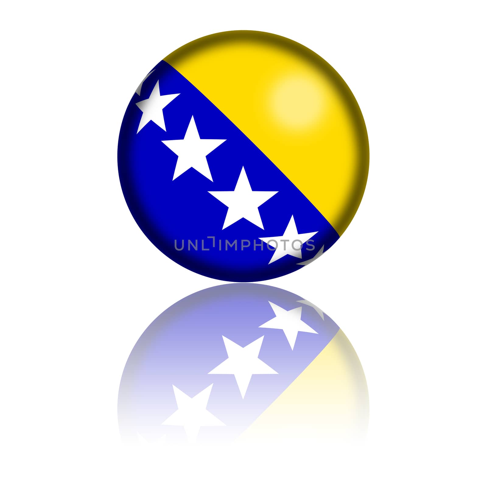 3D sphere or badge of Bosnia and Herzegovina flag with reflection at bottom.