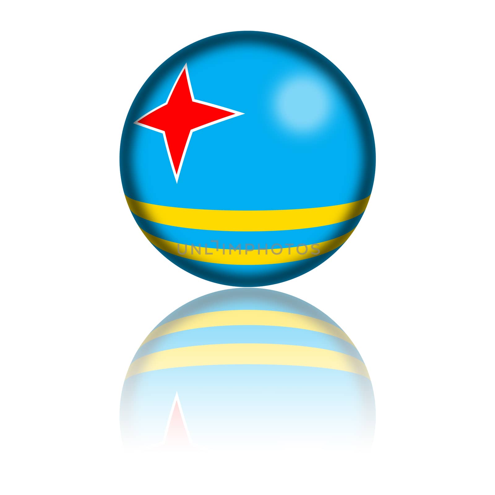 3D sphere or badge of Aruba flag with reflection at bottom.