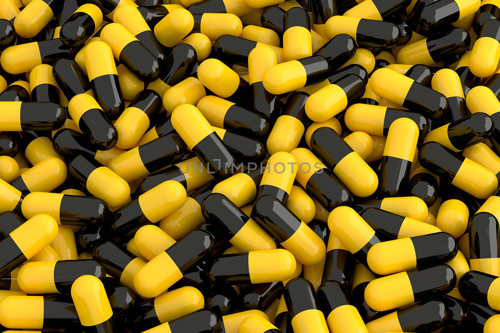 3D rendering of pill capsule pile background.