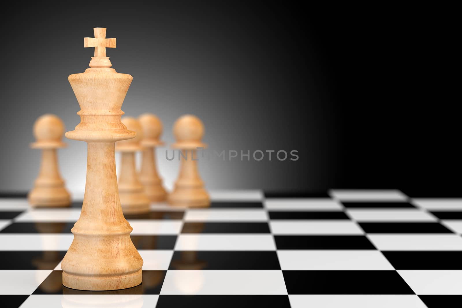 Leader business concept illustrated by chess in 3D rendering.