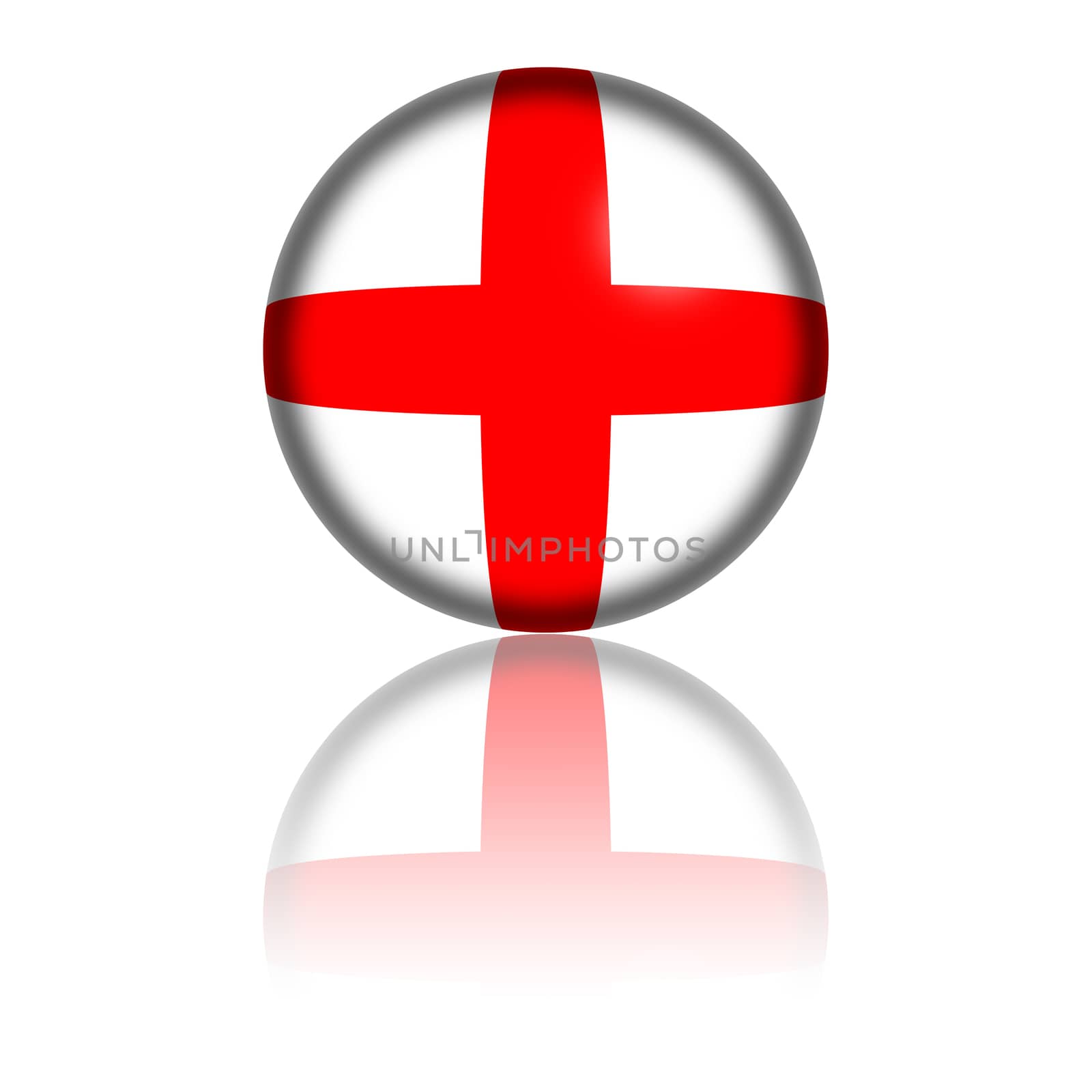 3D sphere or badge of England flag with reflection at bottom.