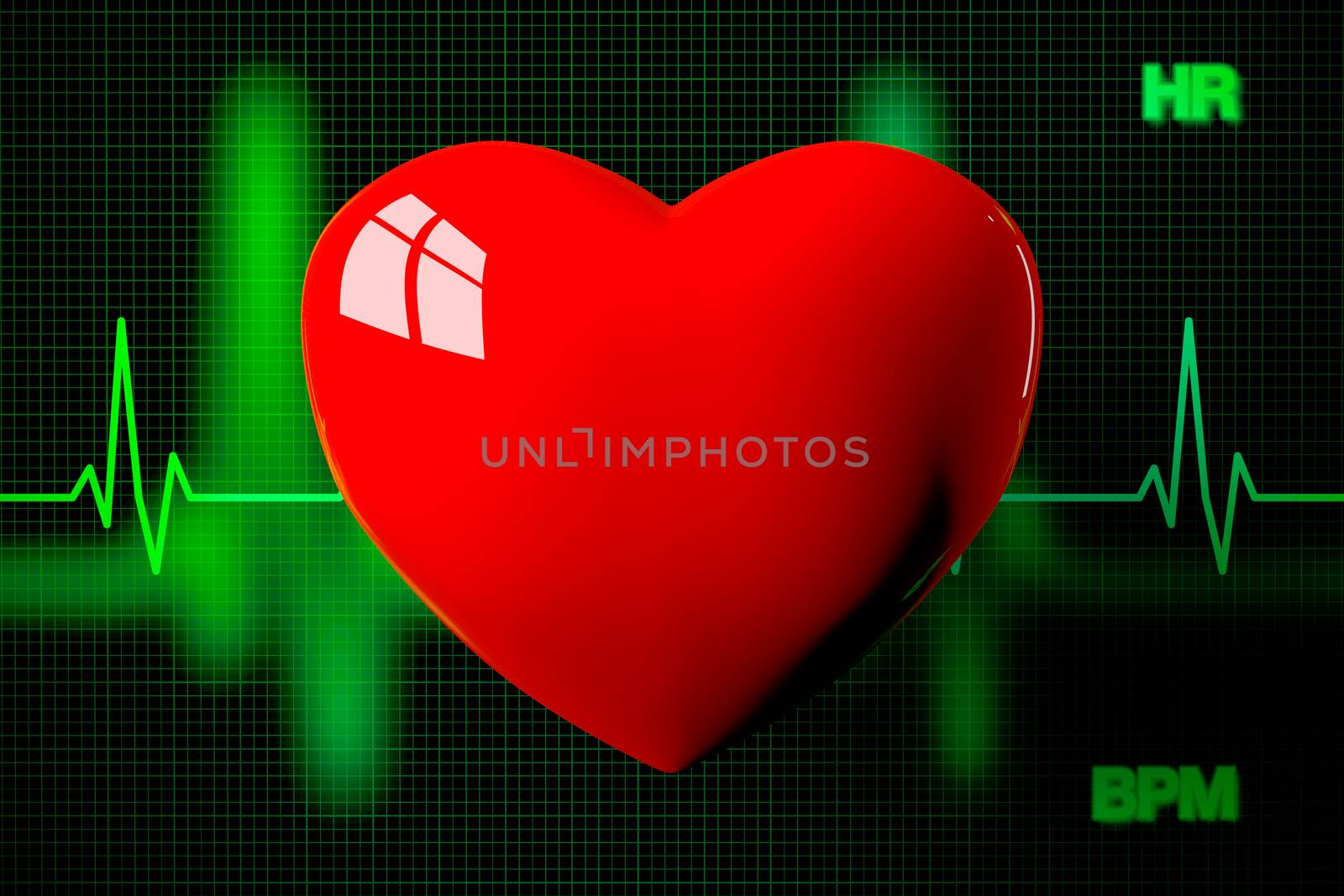 3D rendering of heart and heart rate graph background.