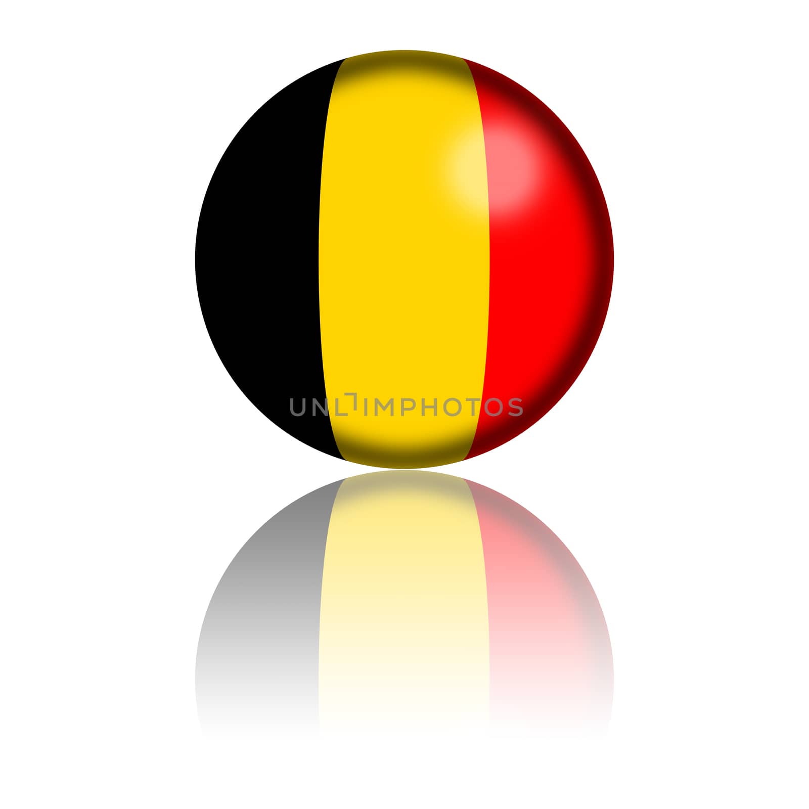 3D sphere or badge of Belgium flag with reflection at bottom.
