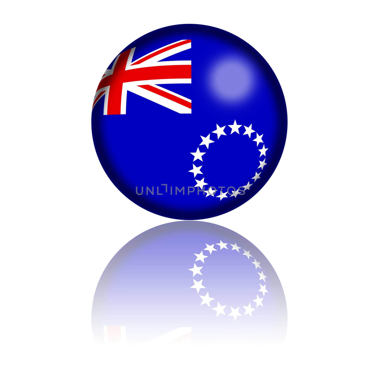 3D sphere or badge of Cook Islands flag with reflection at bottom.