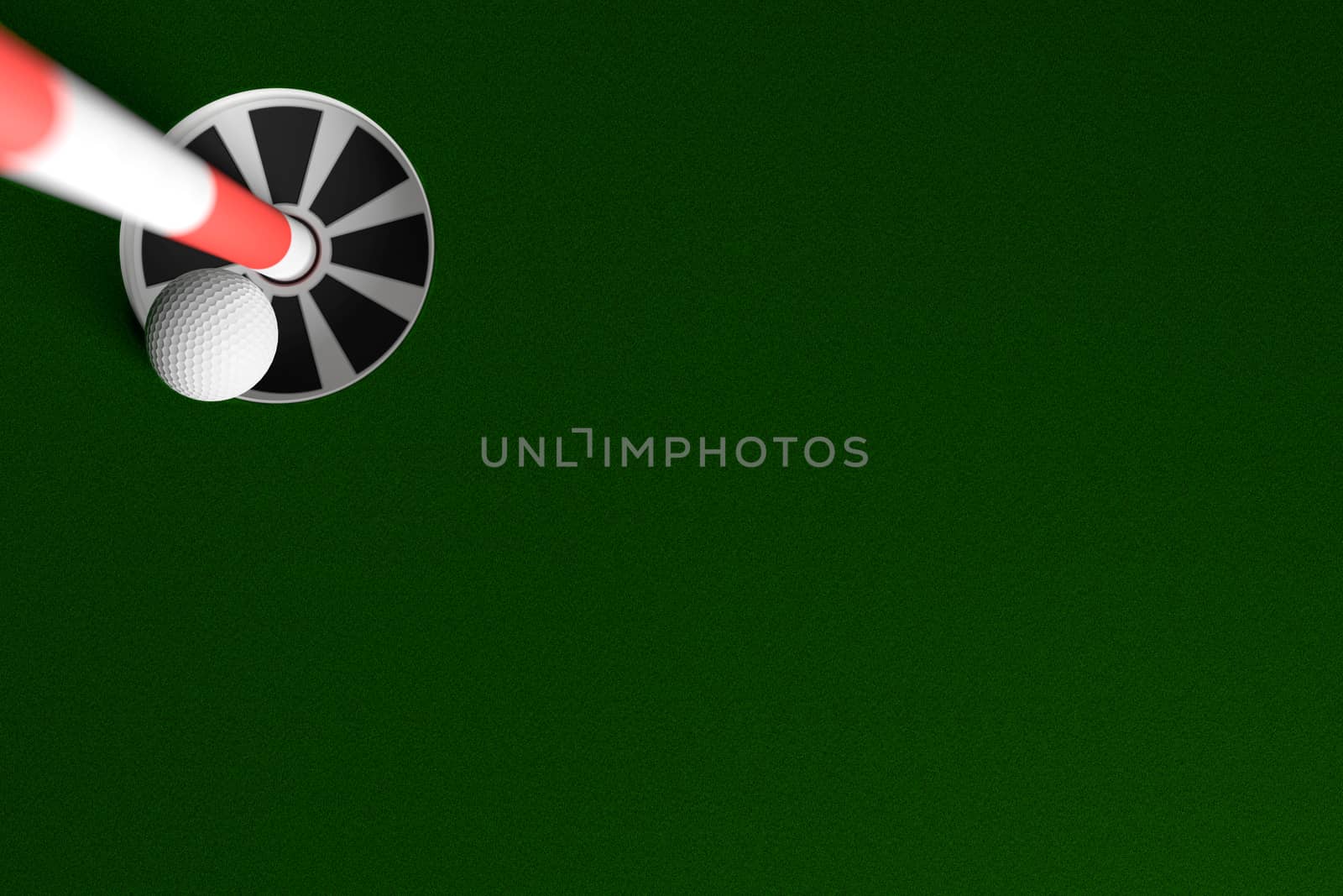 3D rendering of golf ball hole in one background.