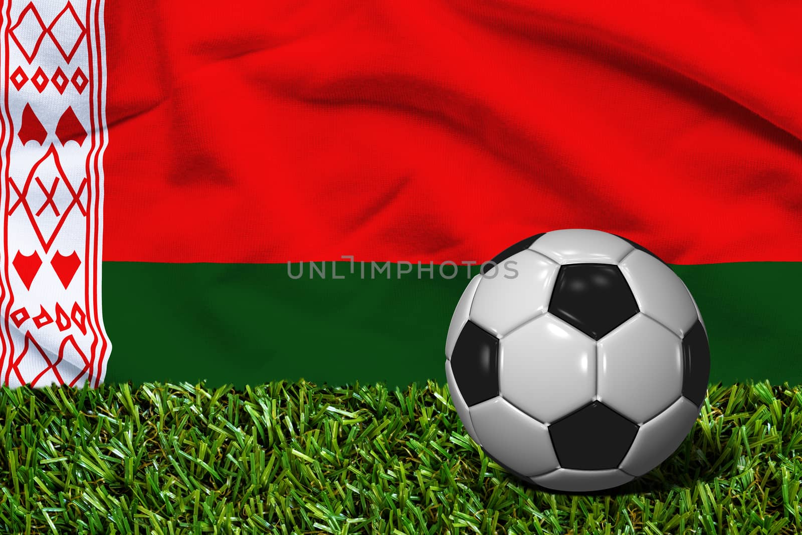 3D rendered soccer ball in grass field with Belarus flag as Background