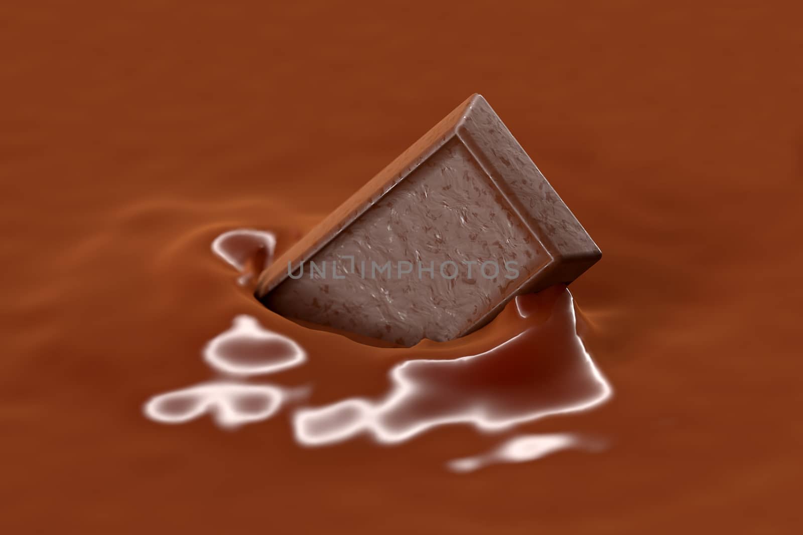 3D rendering of chocolate bar falling into chocolate milk
