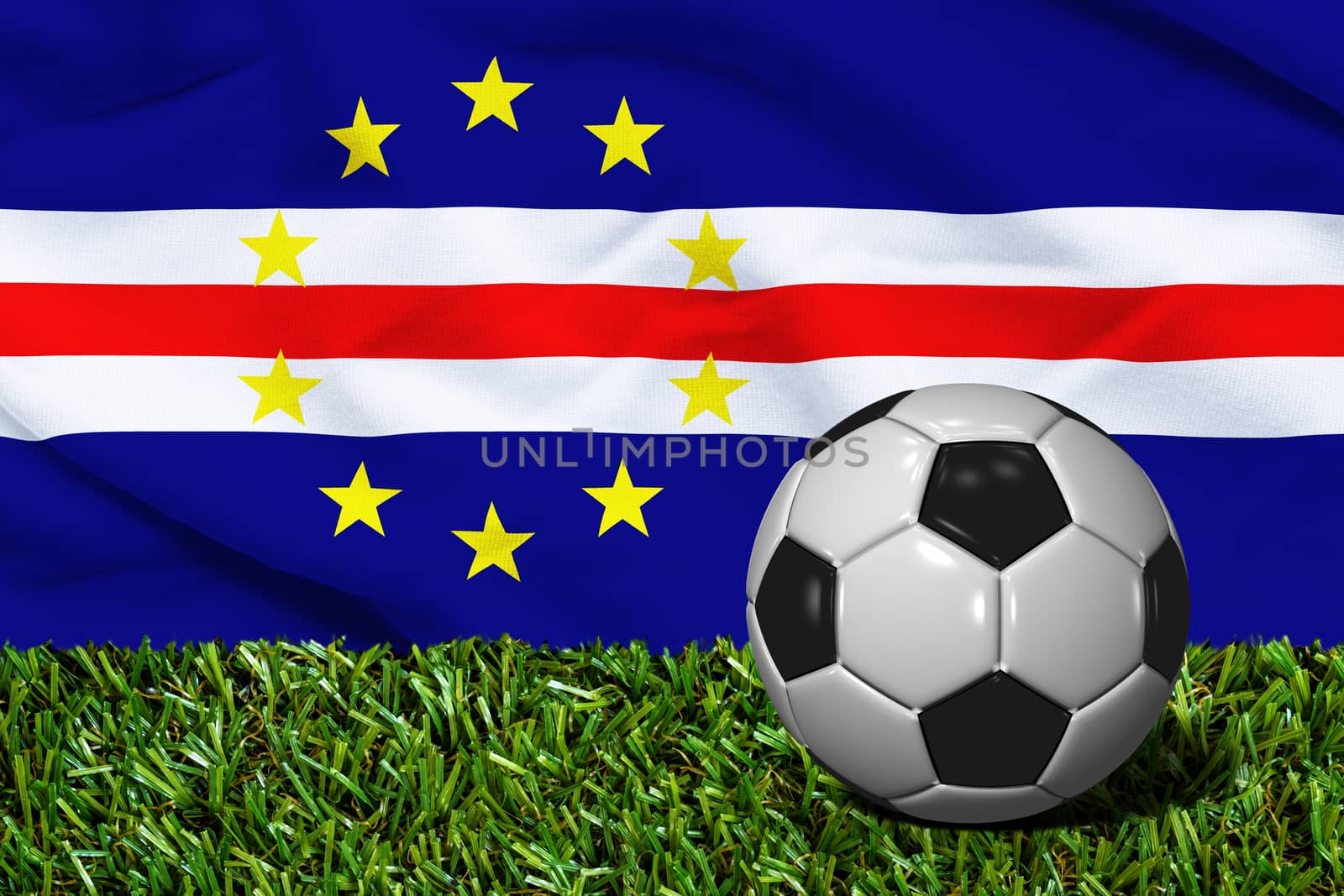 3D rendered soccer ball in grass field with Cape Verde flag as Background