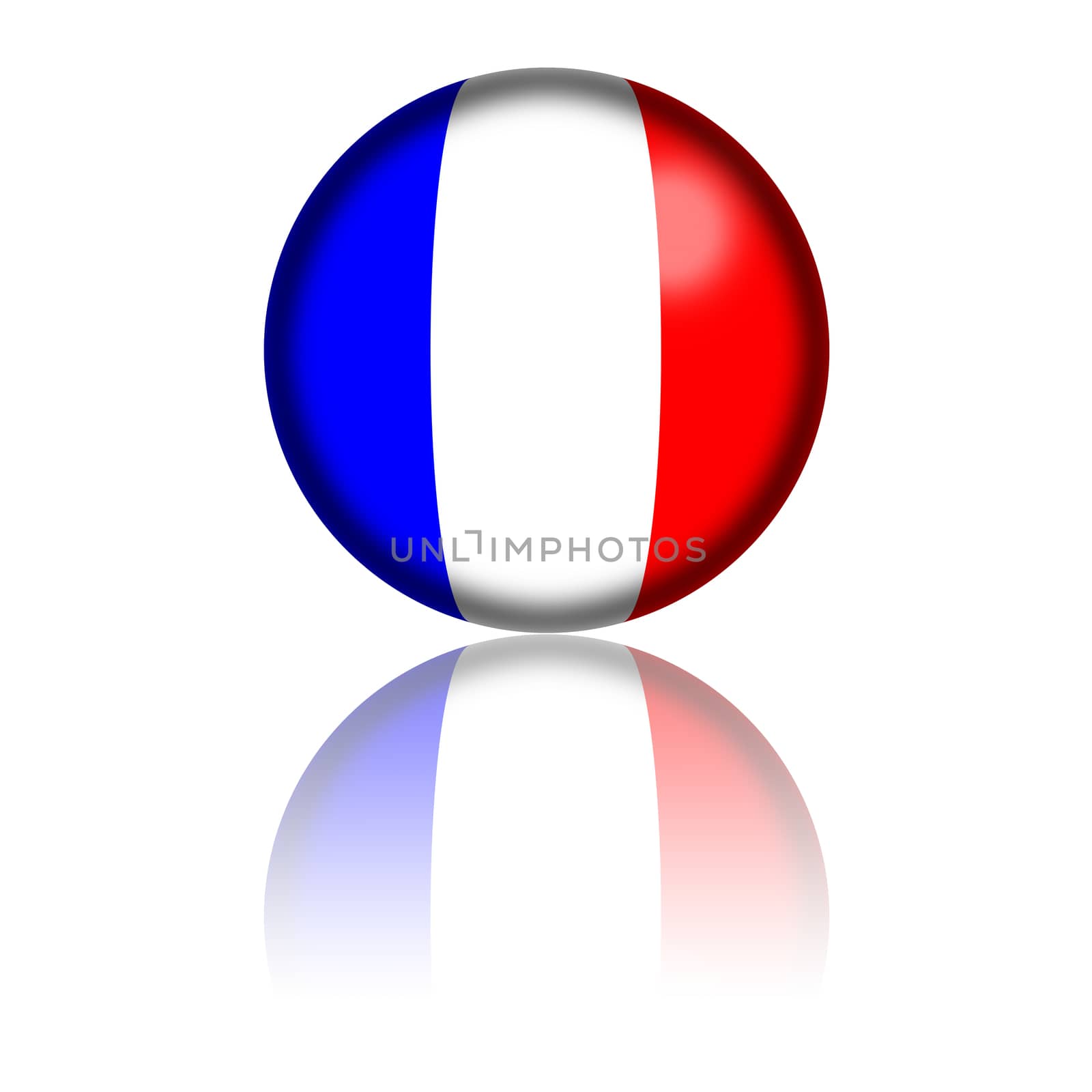3D sphere or badge of France flag with reflection at bottom.