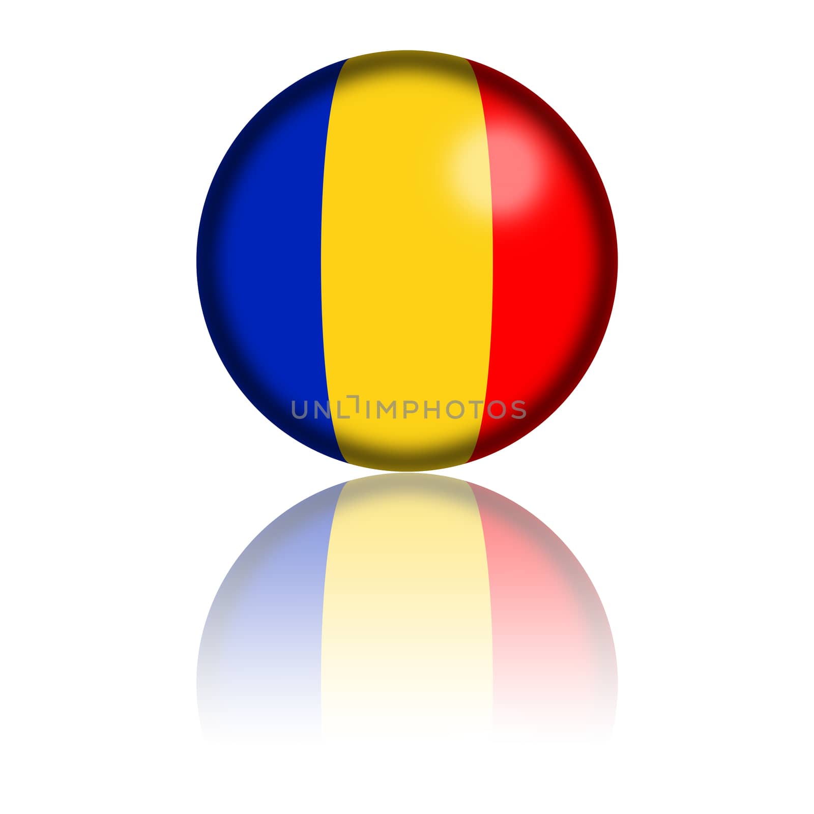 3D sphere or badge of Chad flag with reflection at bottom.