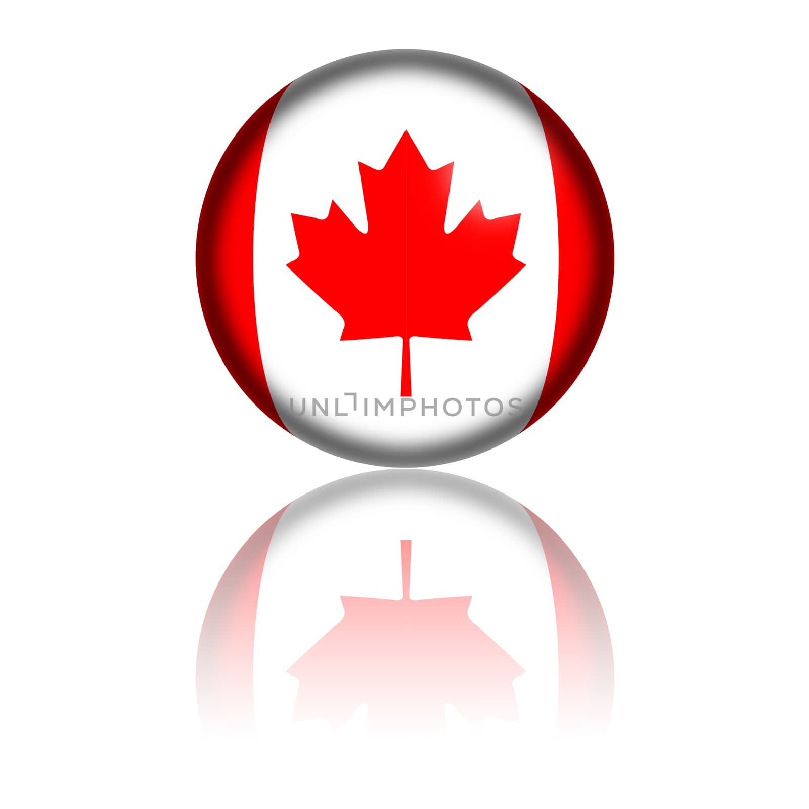 3D sphere or badge of Canada  flag with reflection at bottom.