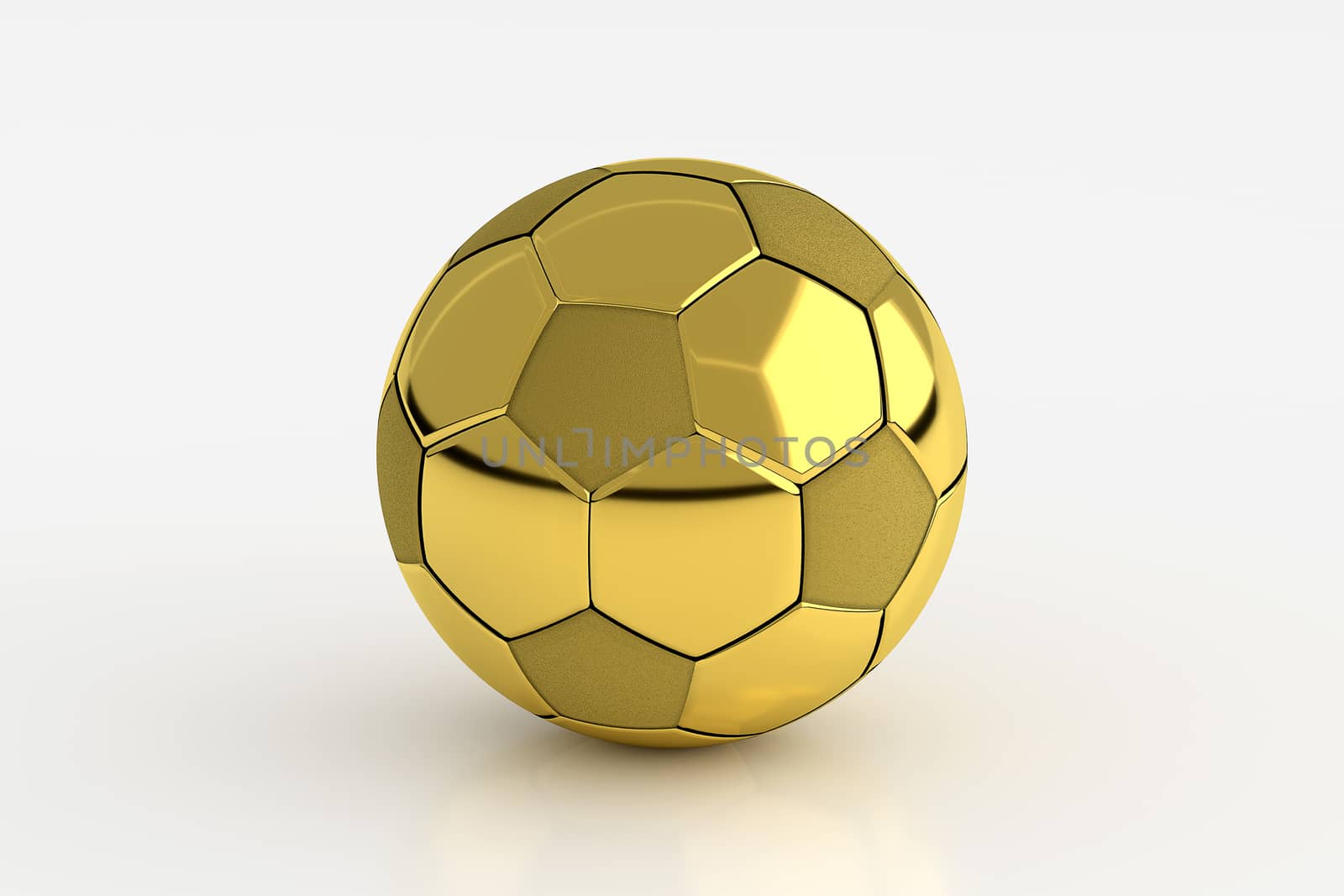 3D rendering of golden soccer ball isolated on white background.