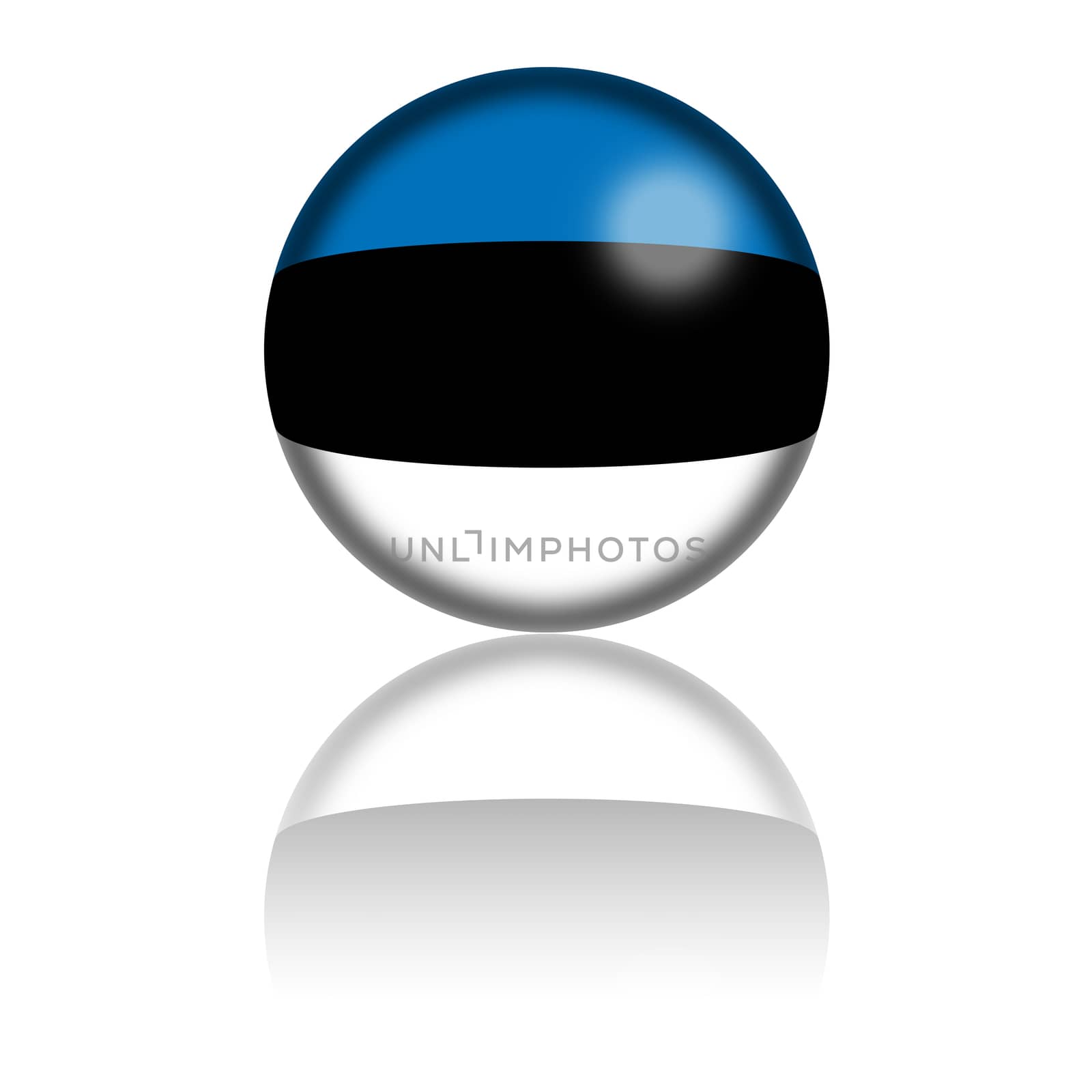 3D sphere or badge of Estonia flag with reflection at bottom.