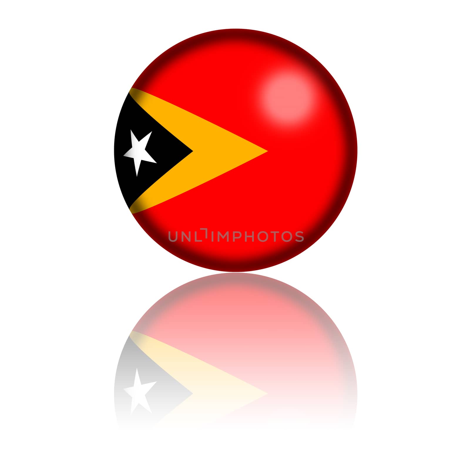 3D sphere or badge of East Timor flag with reflection at bottom.