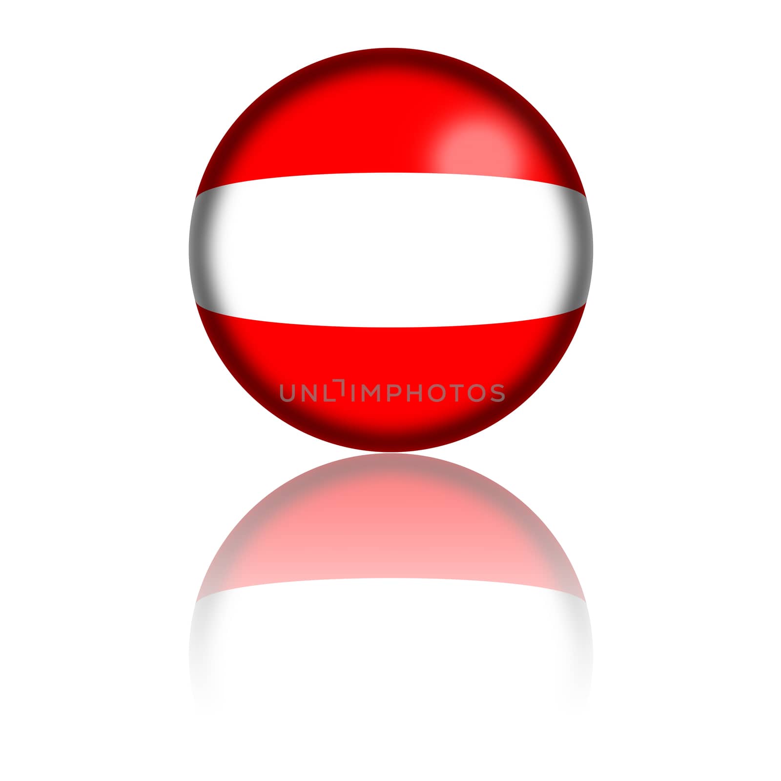 3D sphere or badge of Austria flag with reflection at bottom.