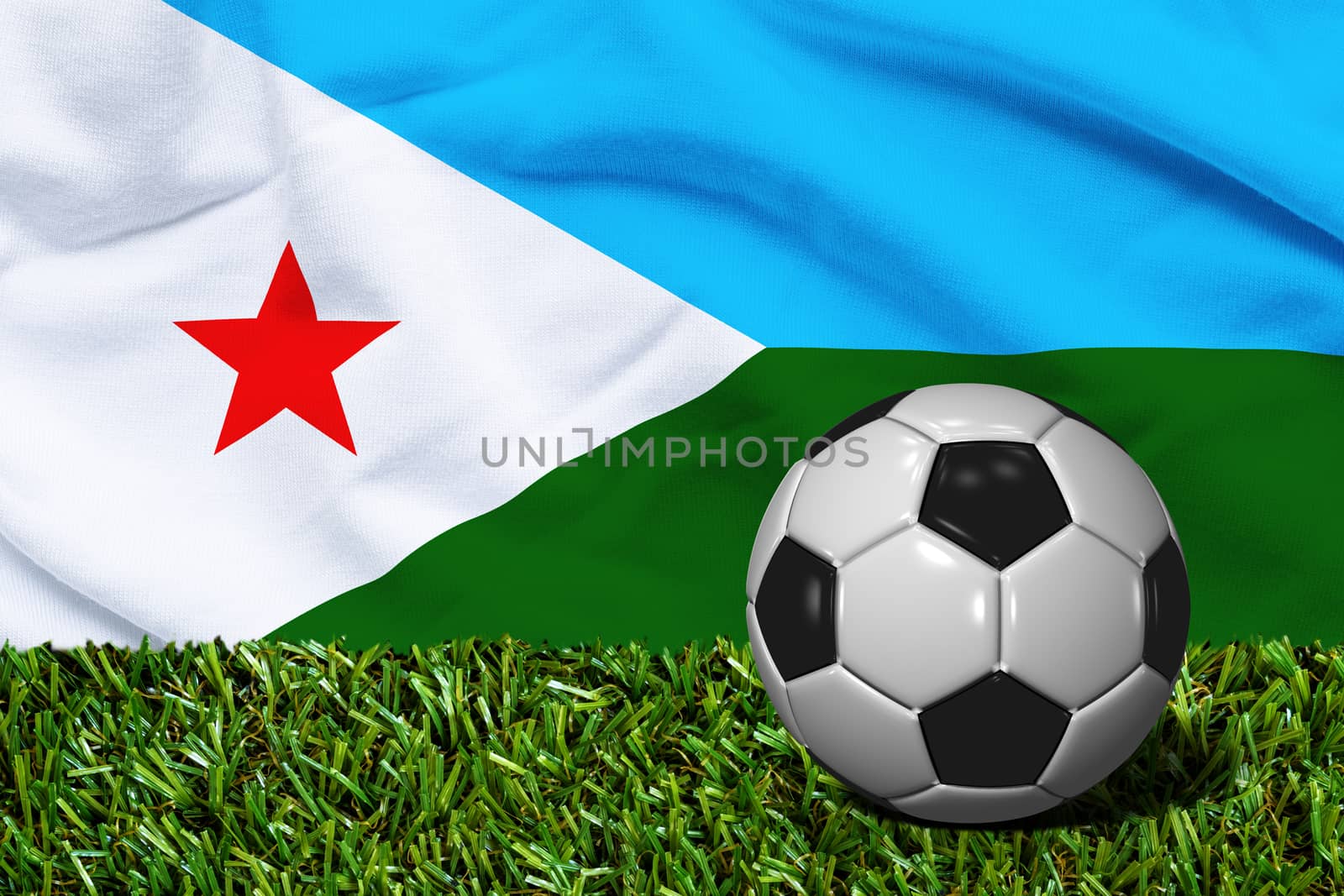 3D rendered soccer ball in grass field with Djibouti flag as Background