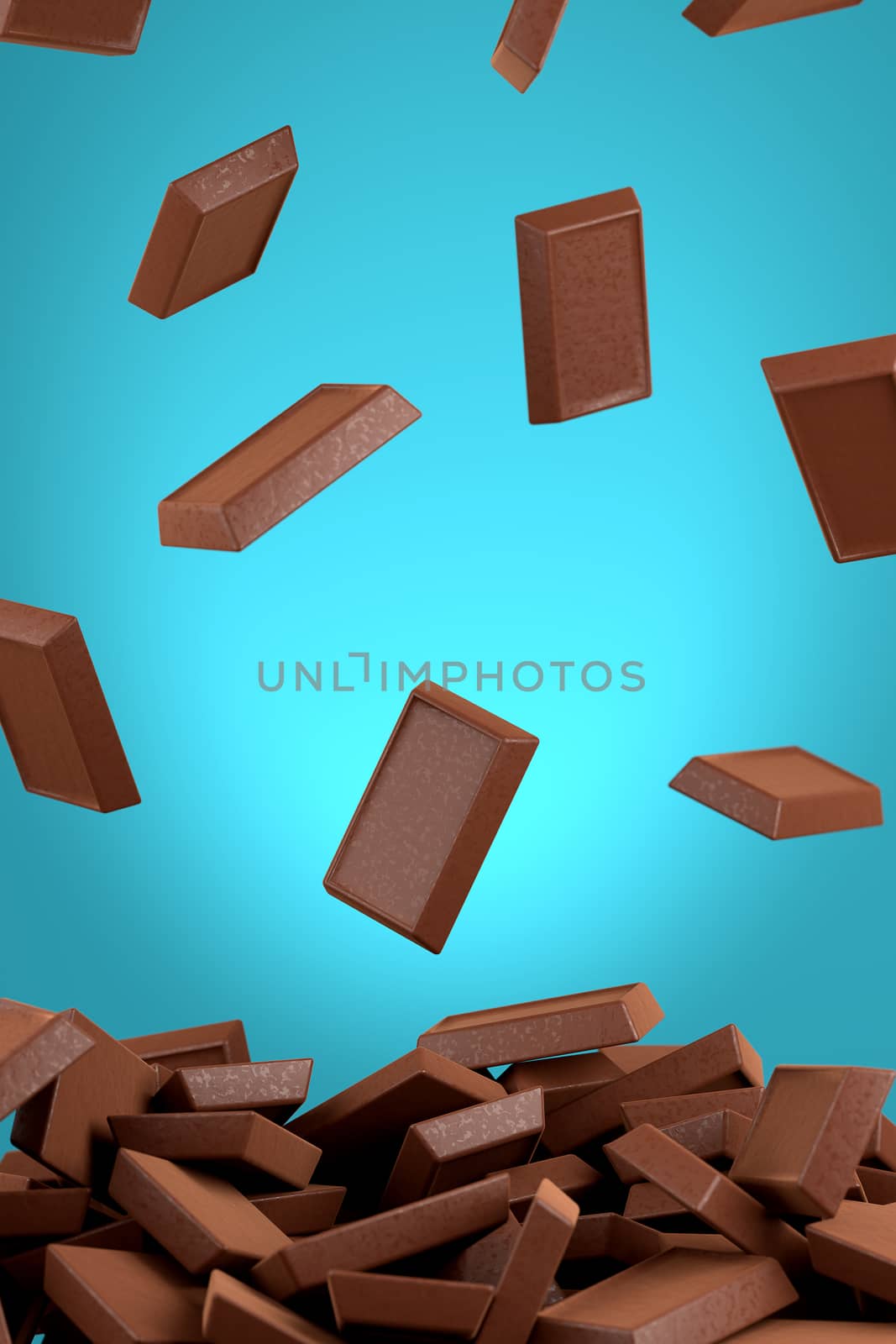 3D rendering chocolate pieces falling on chocolate pile.