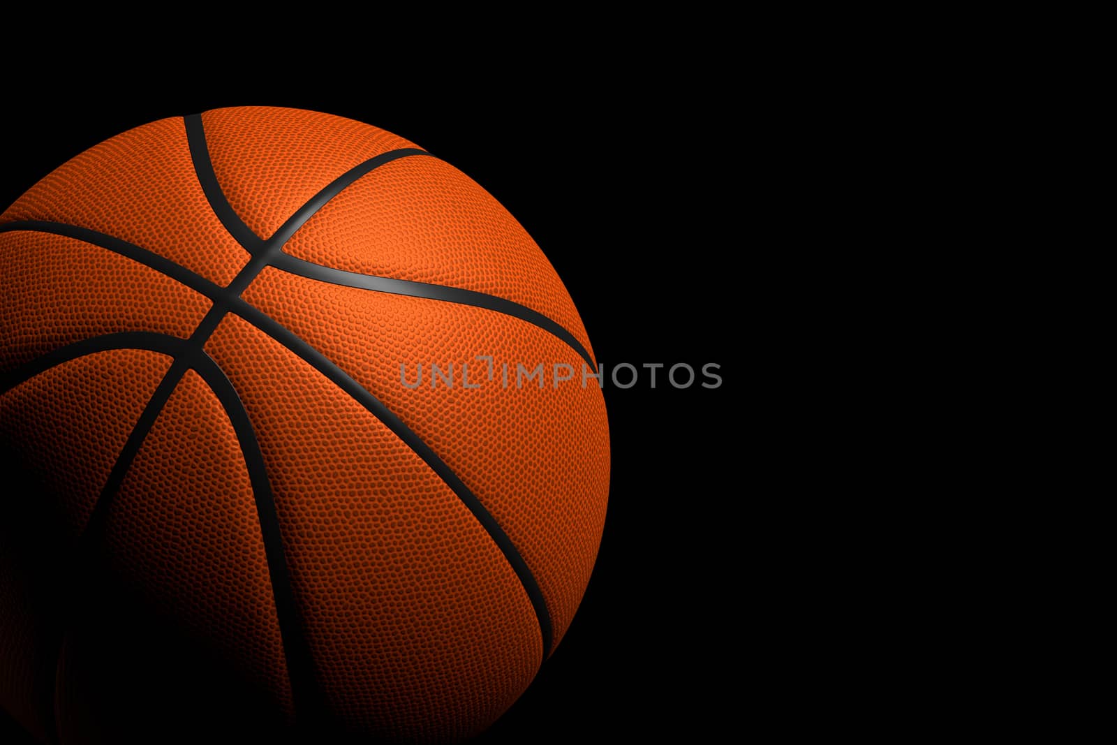 3D rendering of basketball ball on black background.