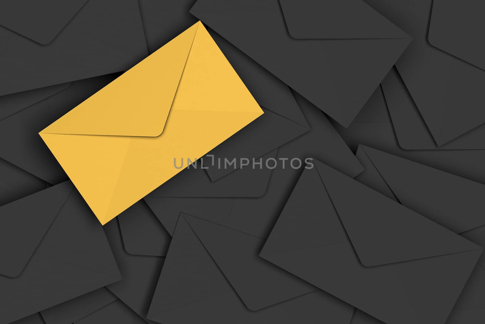 3D rendering of VIP golden envelope on pile of black envelopes background.