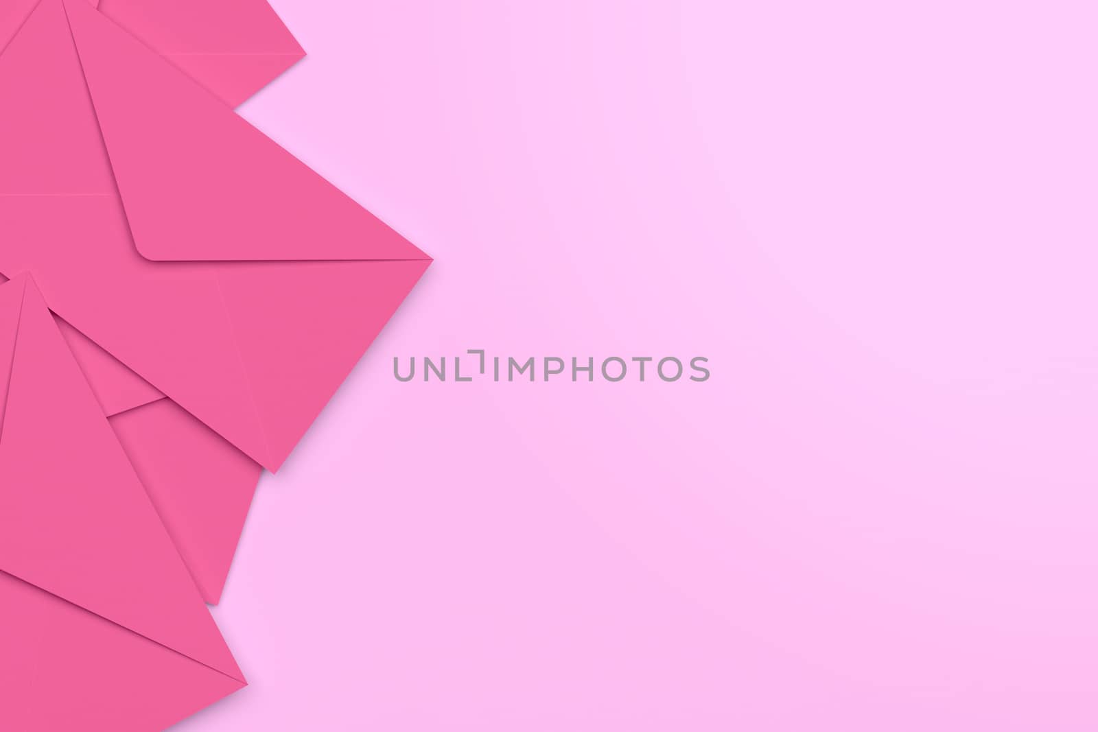 3D rendering of blank pink envelopes on pink background.