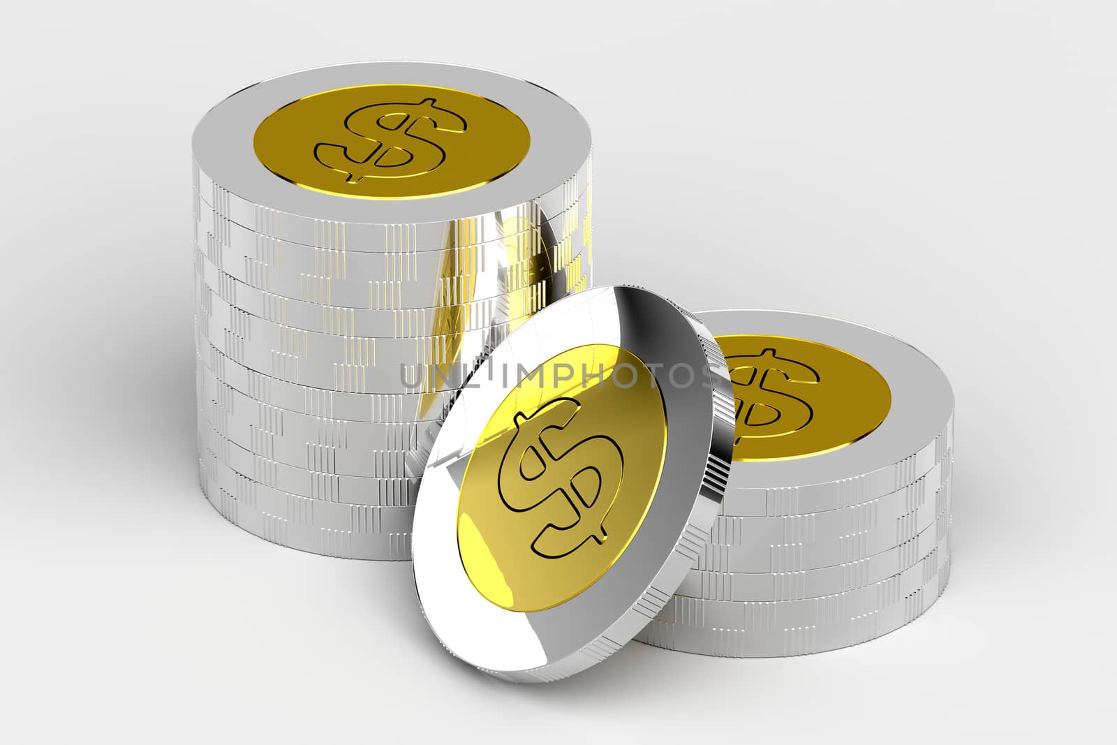 3D rendering of stacks of coins isolated on white background.