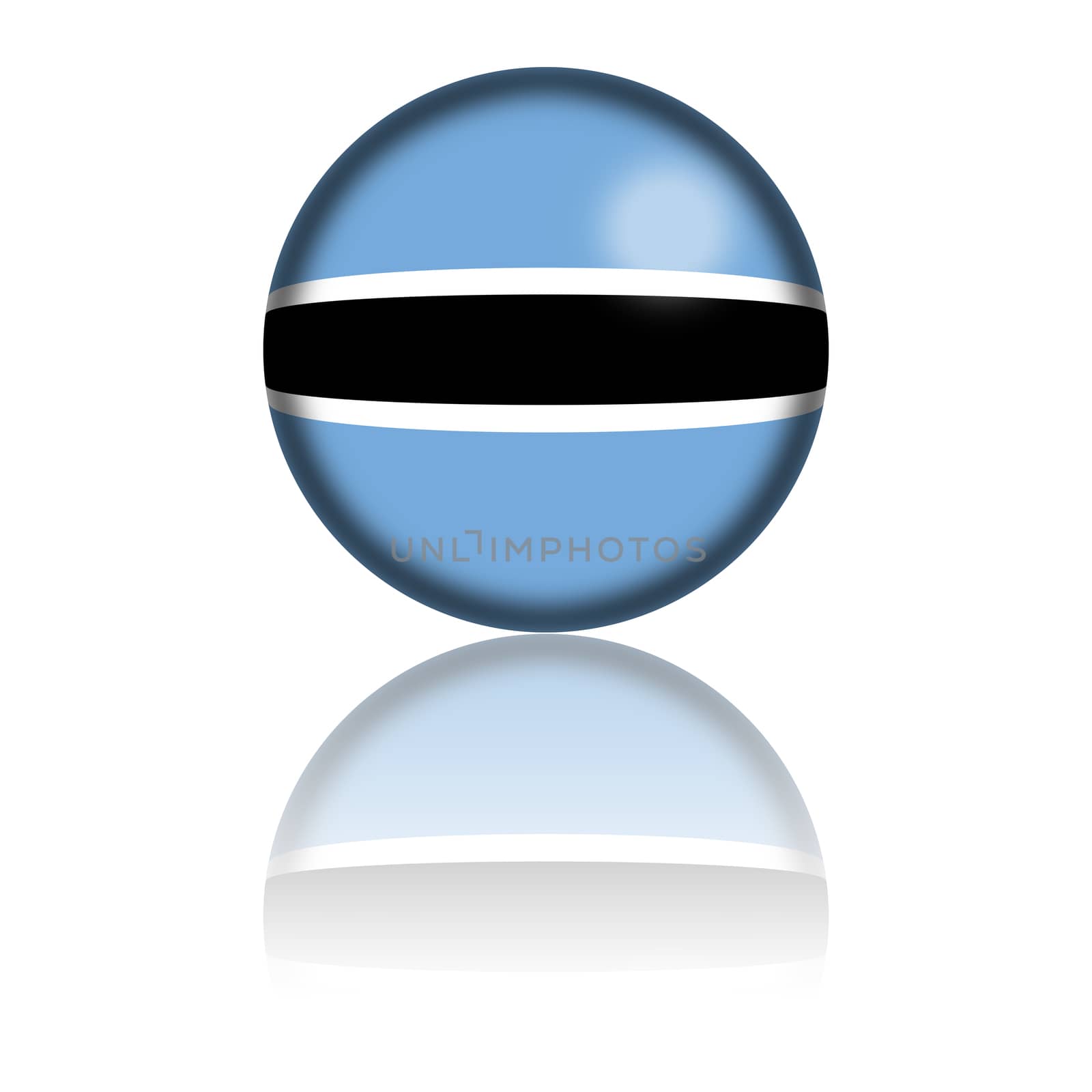 3D sphere or badge of Botswana flag with reflection at bottom.