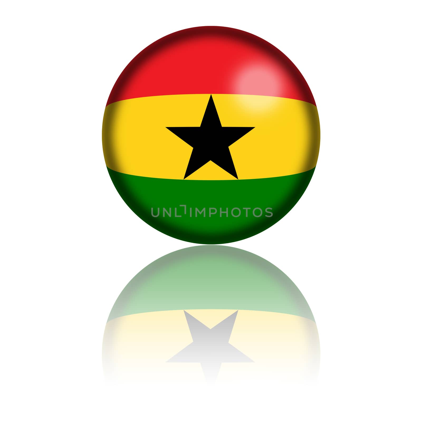 3D sphere or badge of Ghana flag with reflection at bottom.