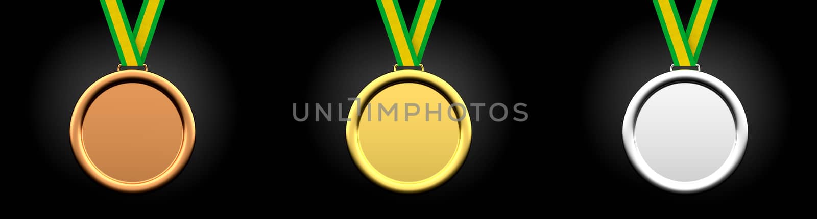 3D rendering of blank gold, silver, and bronze medals isolated on black.