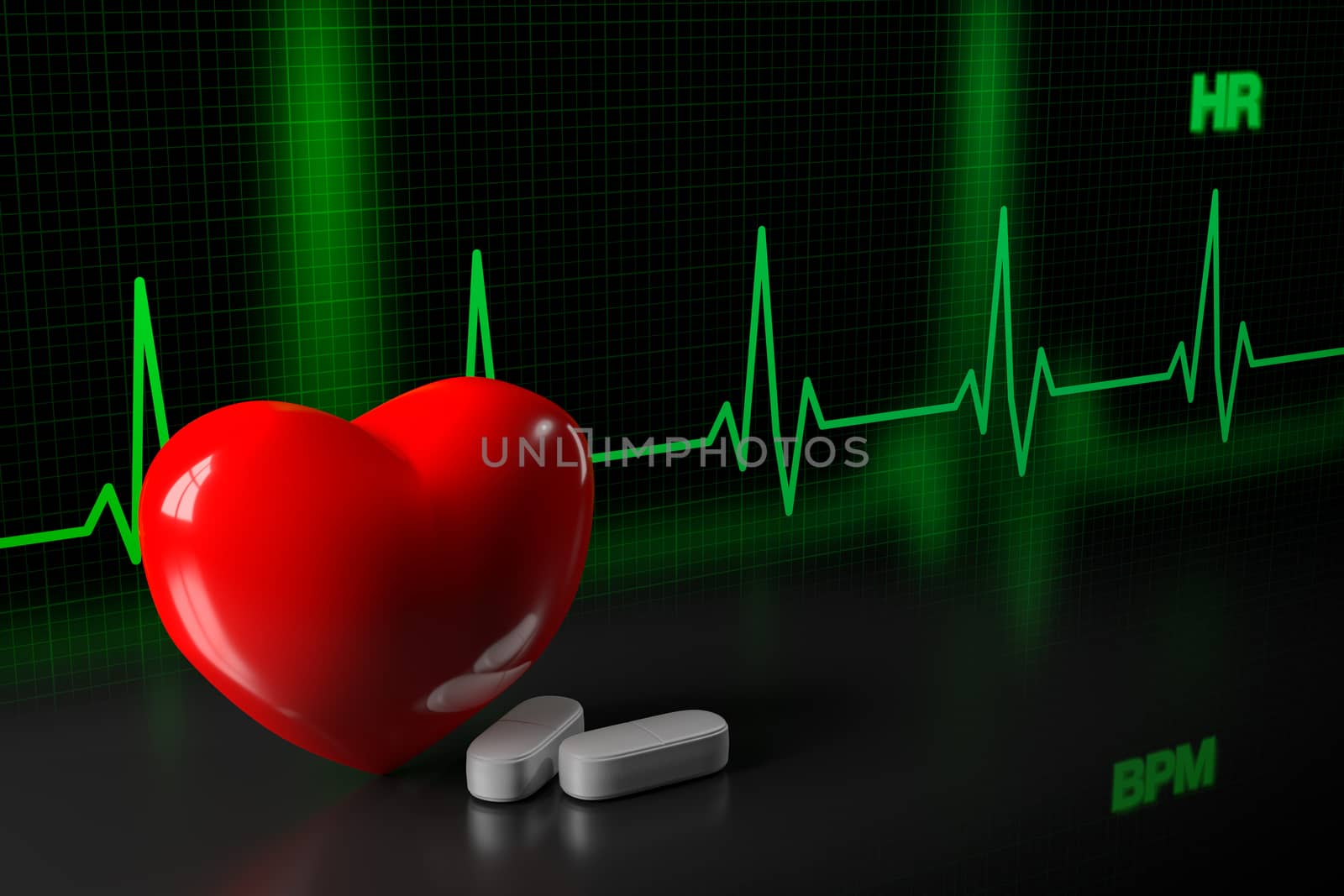 3D rendering of pill medicine for heart.