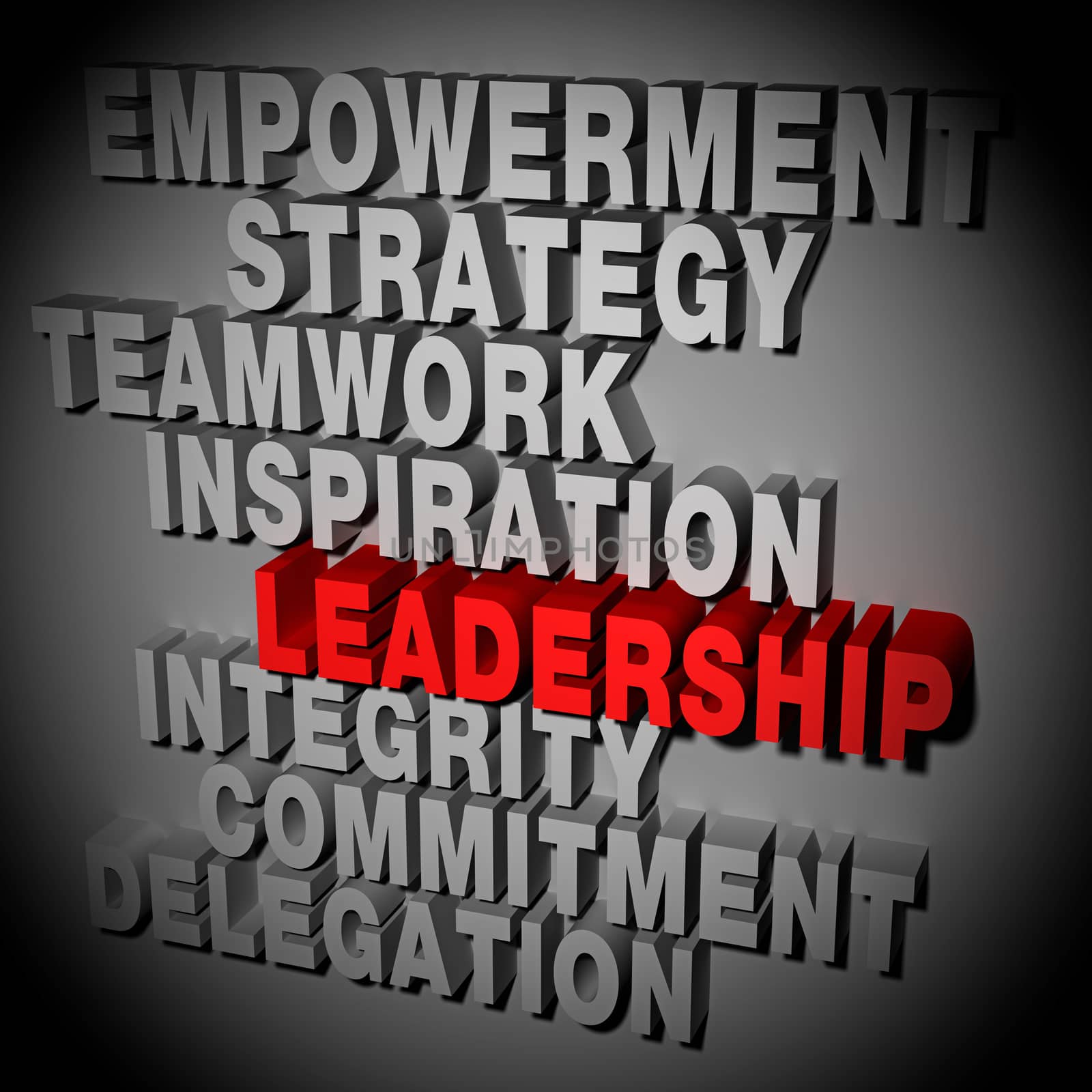 Leadership word business concept illustrated by 3D rendered texts.
