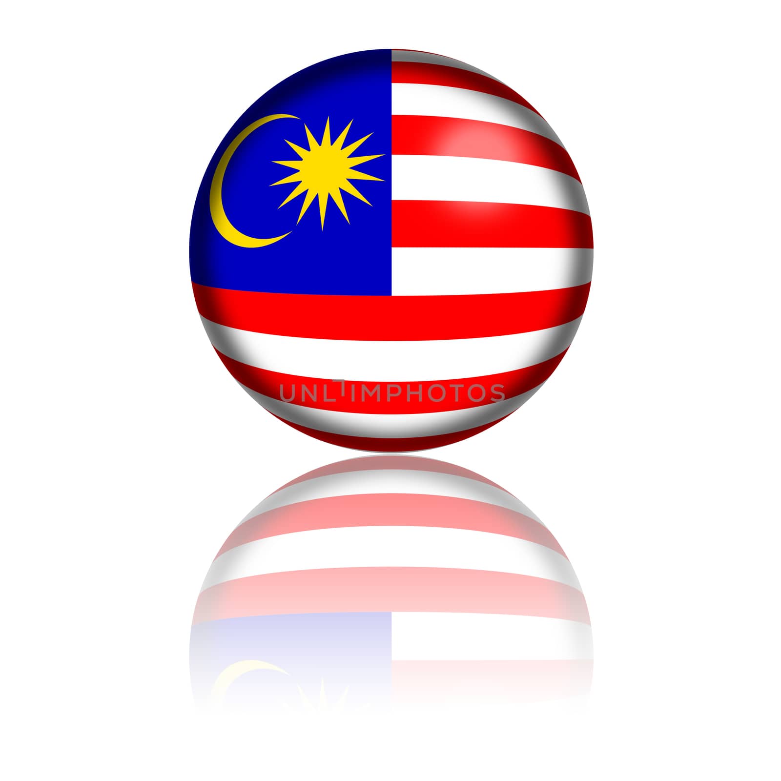 3D sphere or badge of Malaysia flag with reflection at bottom.
