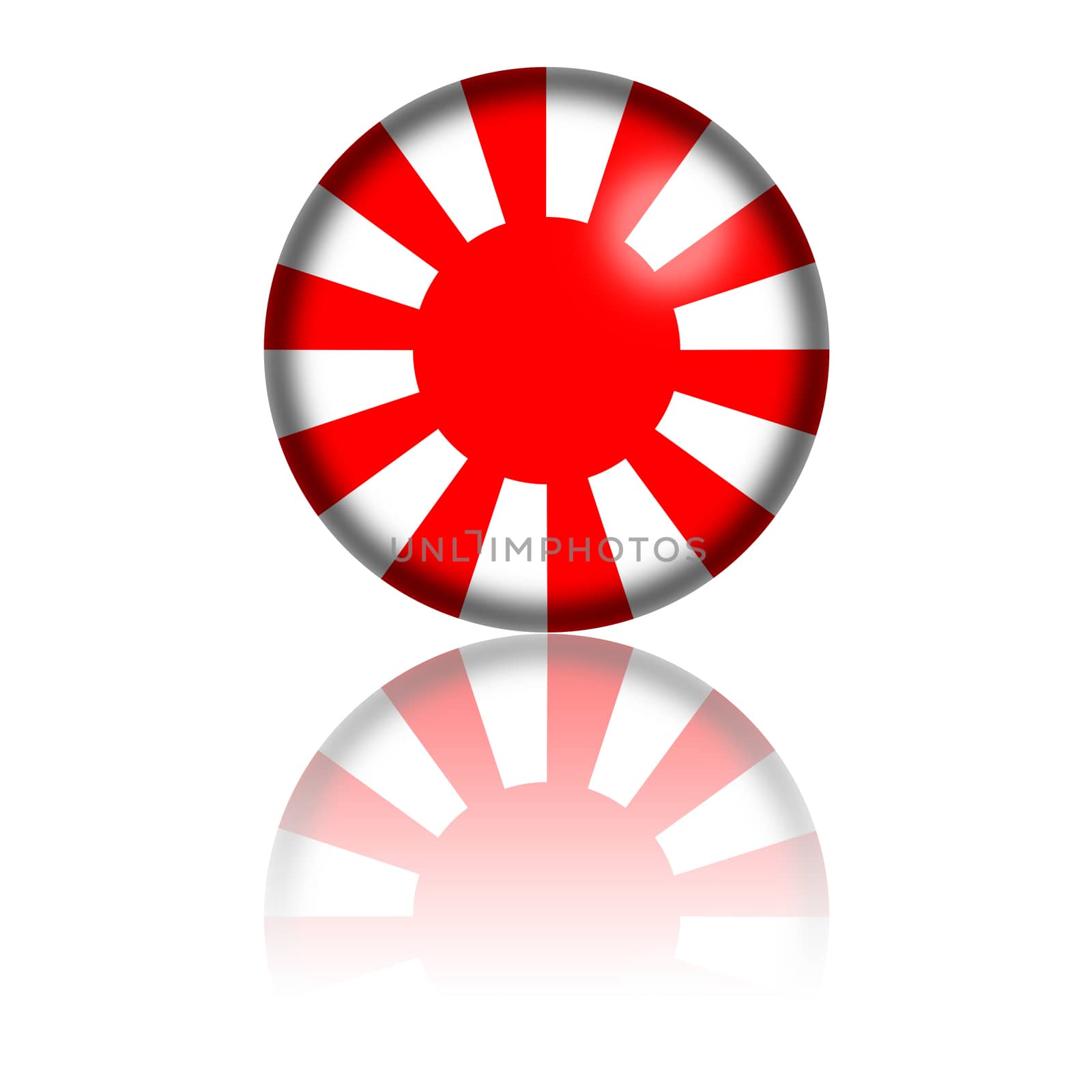 3D sphere or badge of Japan flag with reflection at bottom.