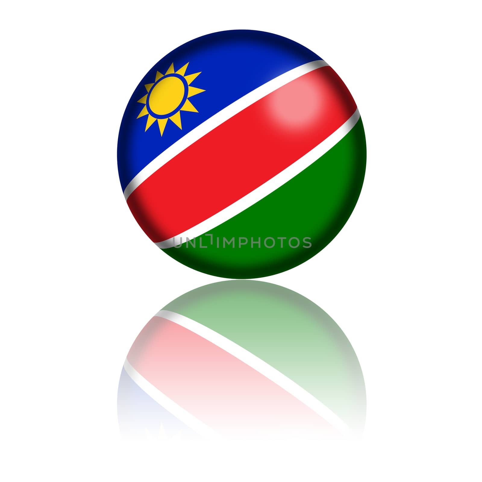 3D sphere or badge of Namibia flag with reflection at bottom.
