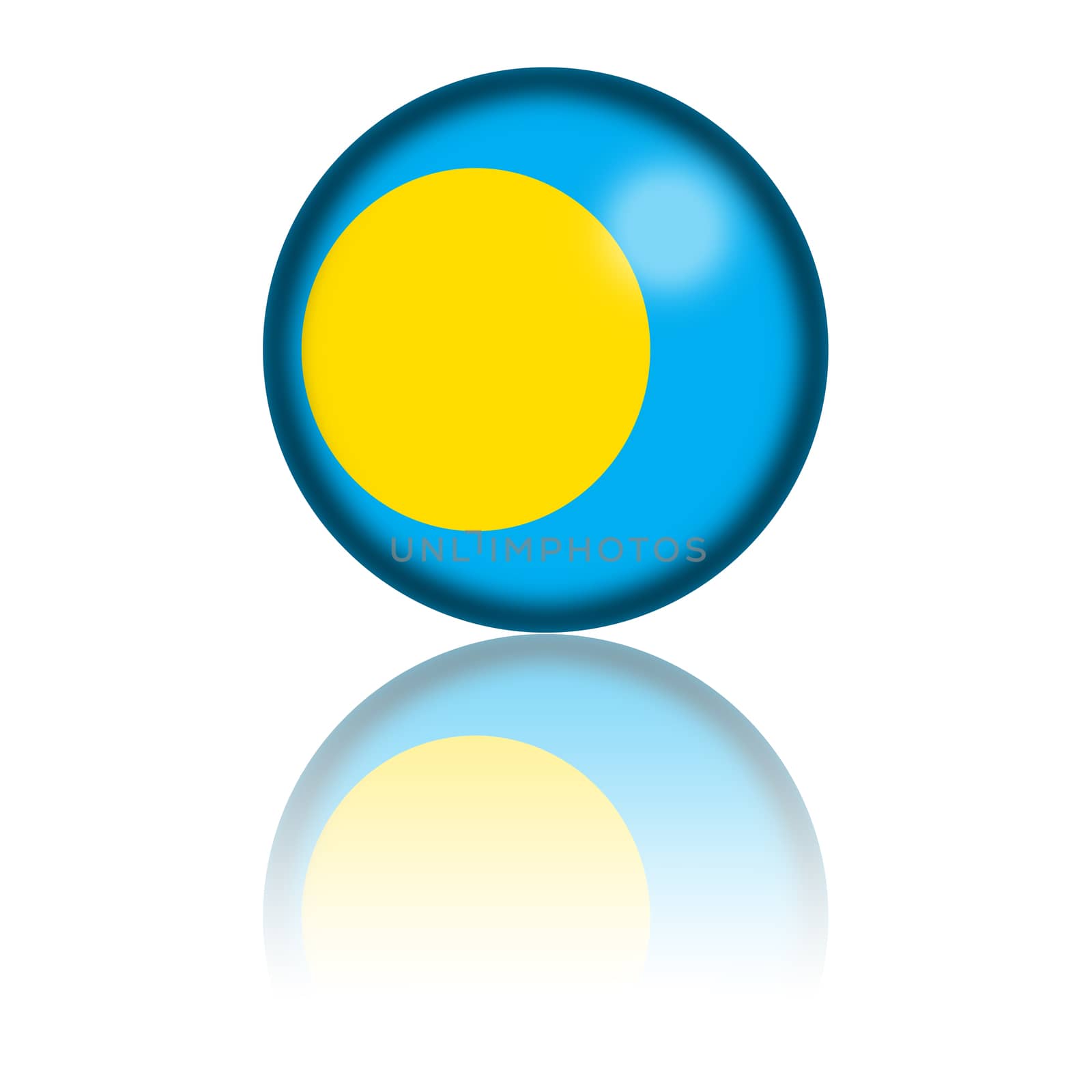 3D sphere or badge of Palau flag with reflection at bottom.