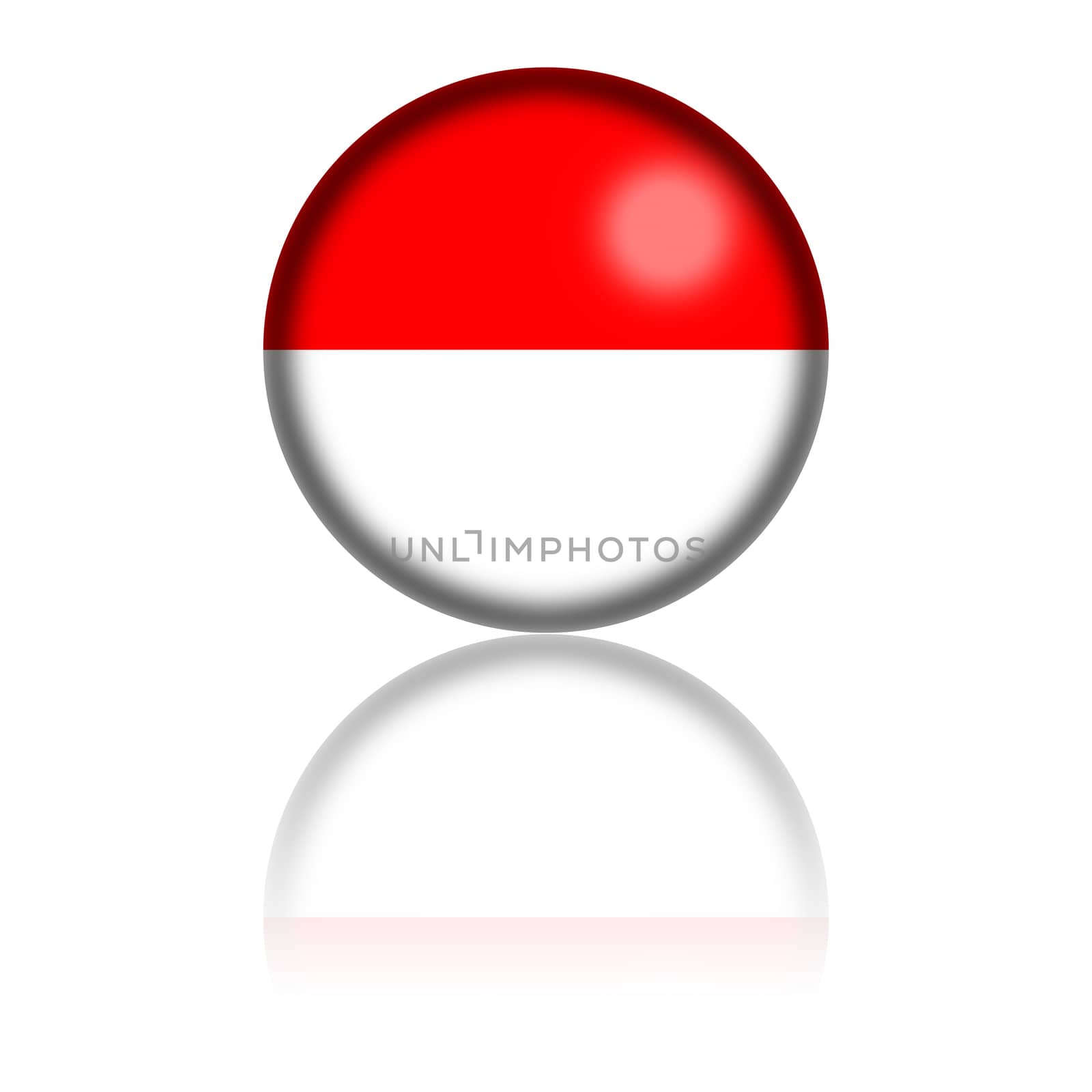 3D sphere or badge of Indonesia flag with reflection at bottom.