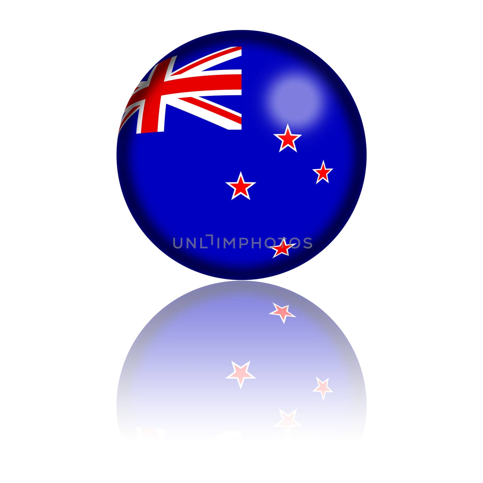 3D sphere or badge of New Zealand flag with reflection at bottom.