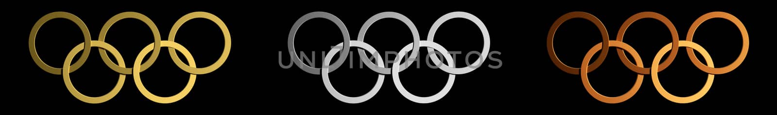 3D rendering of Olympic Rings in gold, silver, and bronze isolated on black.