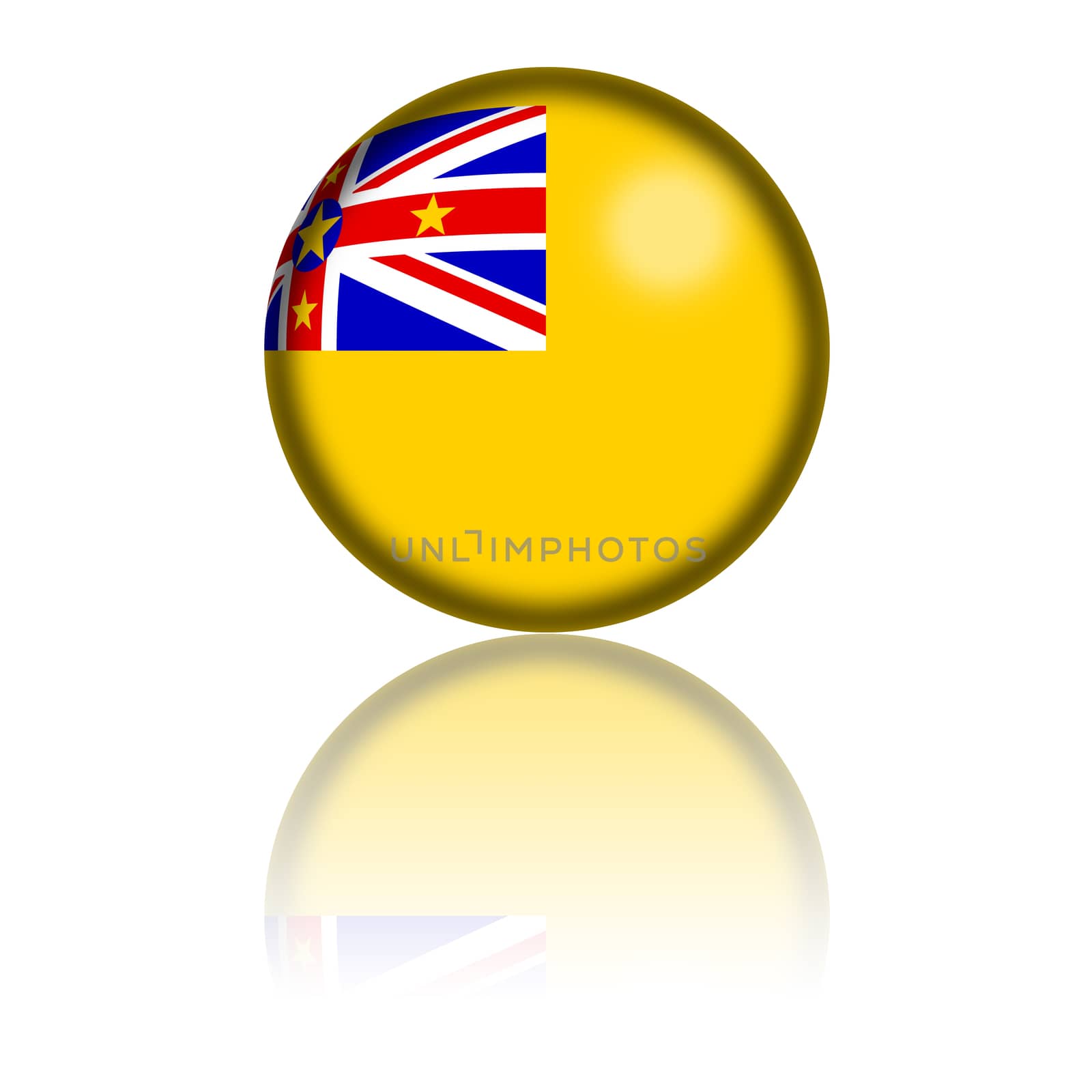 3D sphere or badge of Niue flag with reflection at bottom.