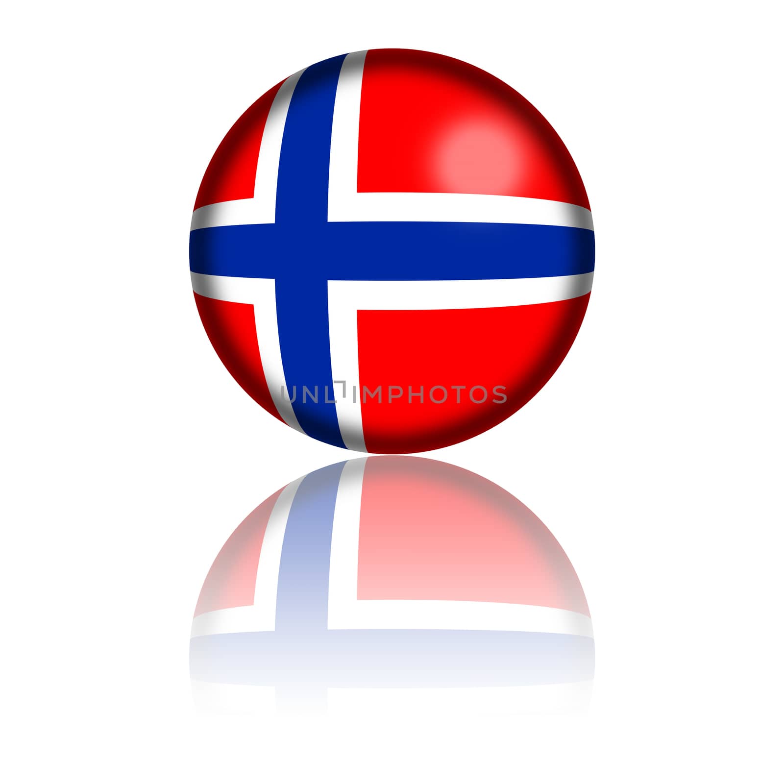 3D sphere or badge of Norway flag with reflection at bottom.