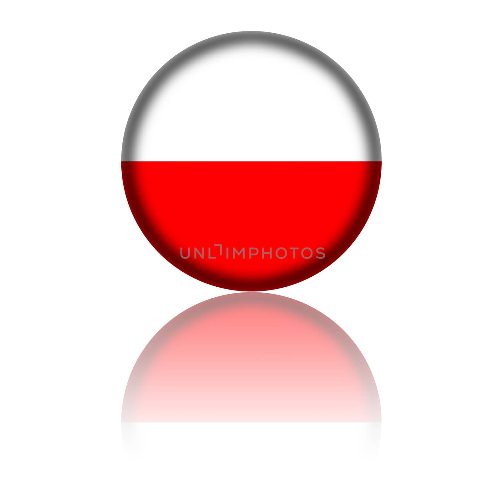 3D sphere or badge of Poland flag with reflection at bottom.