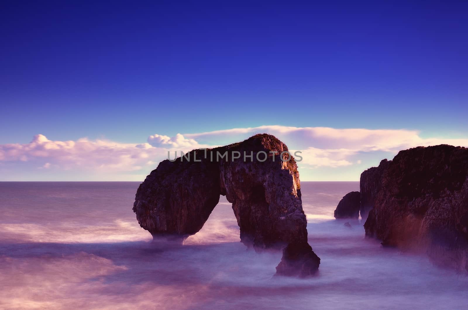 Sunrise in Castro de las Gaviotas. Coastal landscape in Asturias, Spain