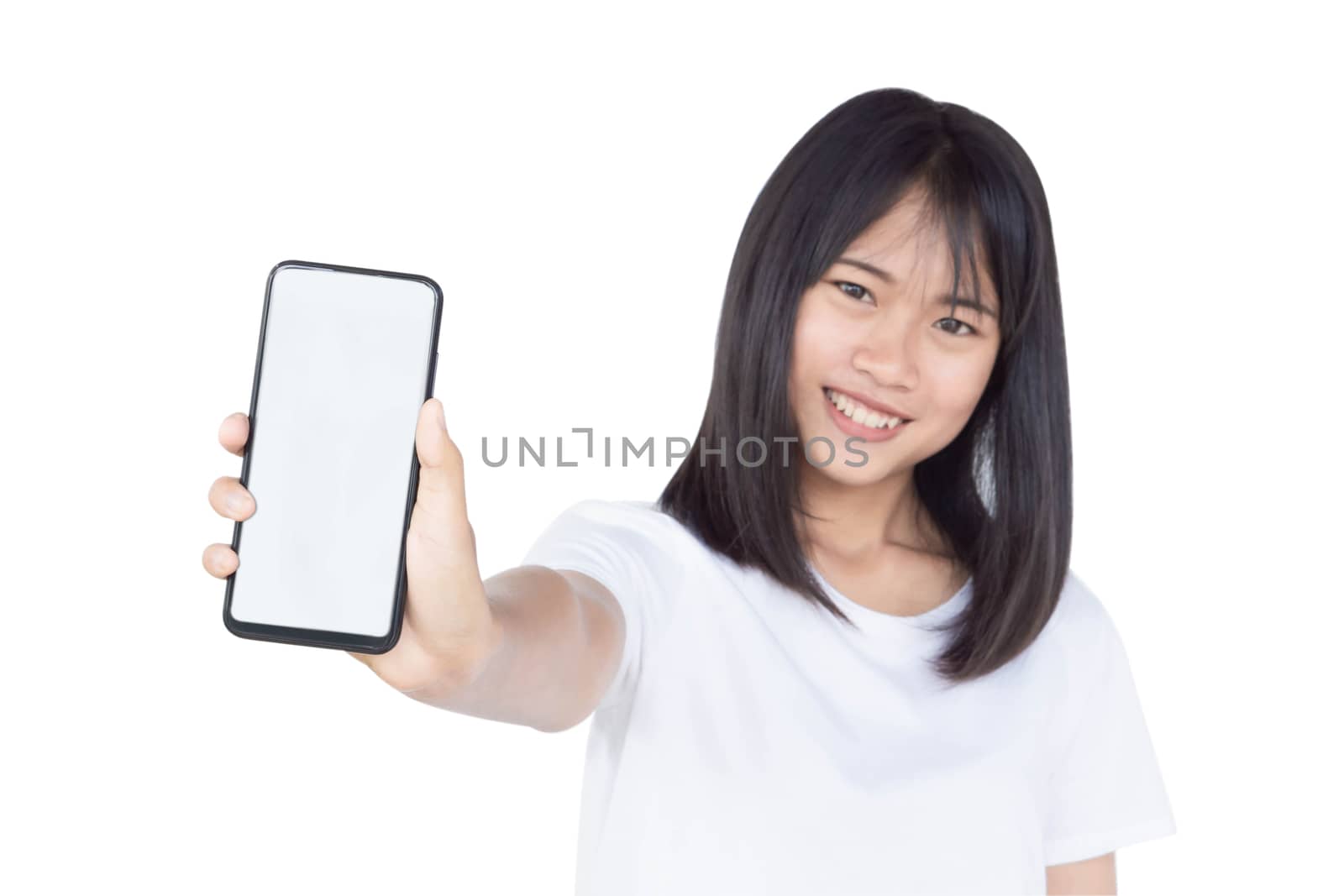 Woman hand holding smartphone mobile and touching screen isolated on white background