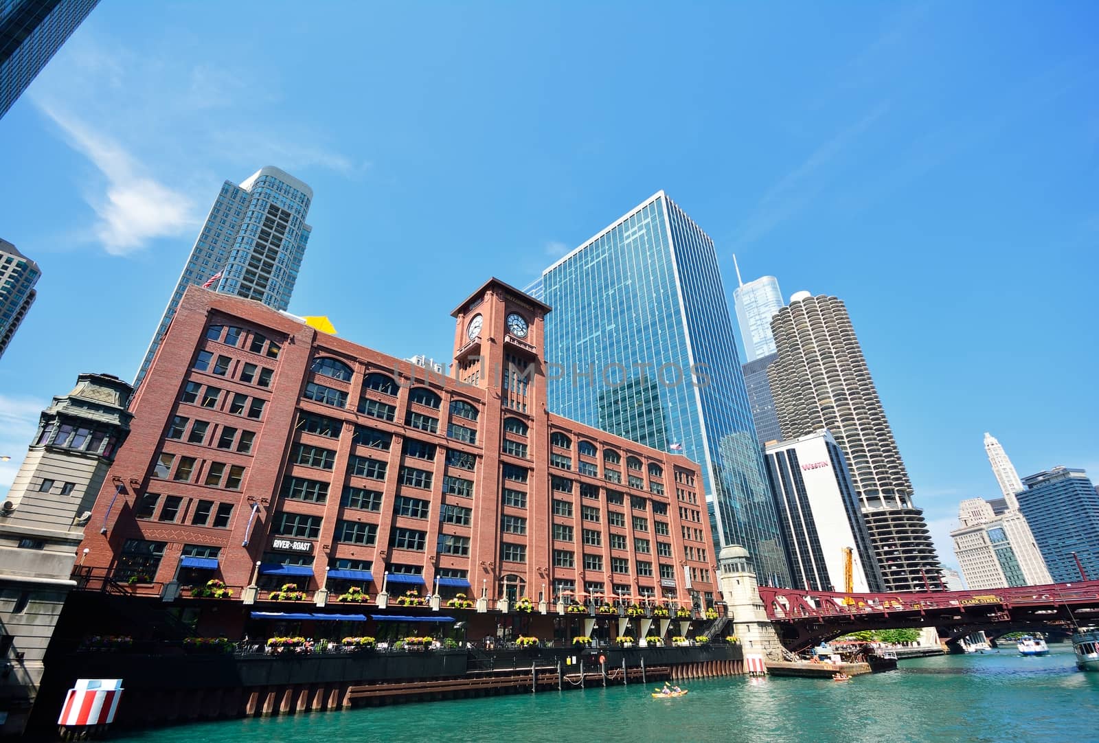 Chicago, IL - July 15,2017: Detail of riverwalk in Chicago, Illinois, USA. The Chicago Riverwalk is an pedestrian waterfront located on the south bank of the Chicago River in downtown.