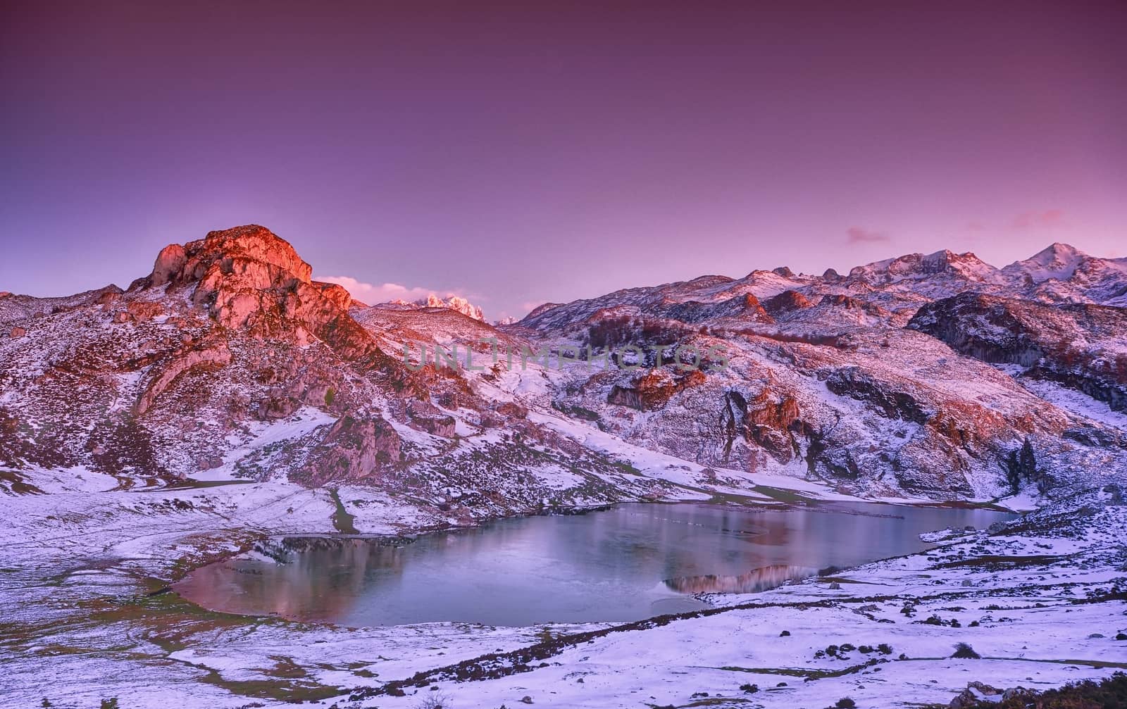 Panoramic view of Lake Ercina with snow in Asturias, Spain.