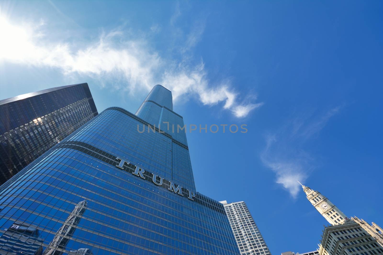 Chicago, USA - July 15, 2017: Trump Tower skyscraper building on Chicago River. Trump International Hotel and Tower, also known as Trump Tower Chicago and Trump Tower, is a skyscraper hotel in downtown Chicago, Illinois.