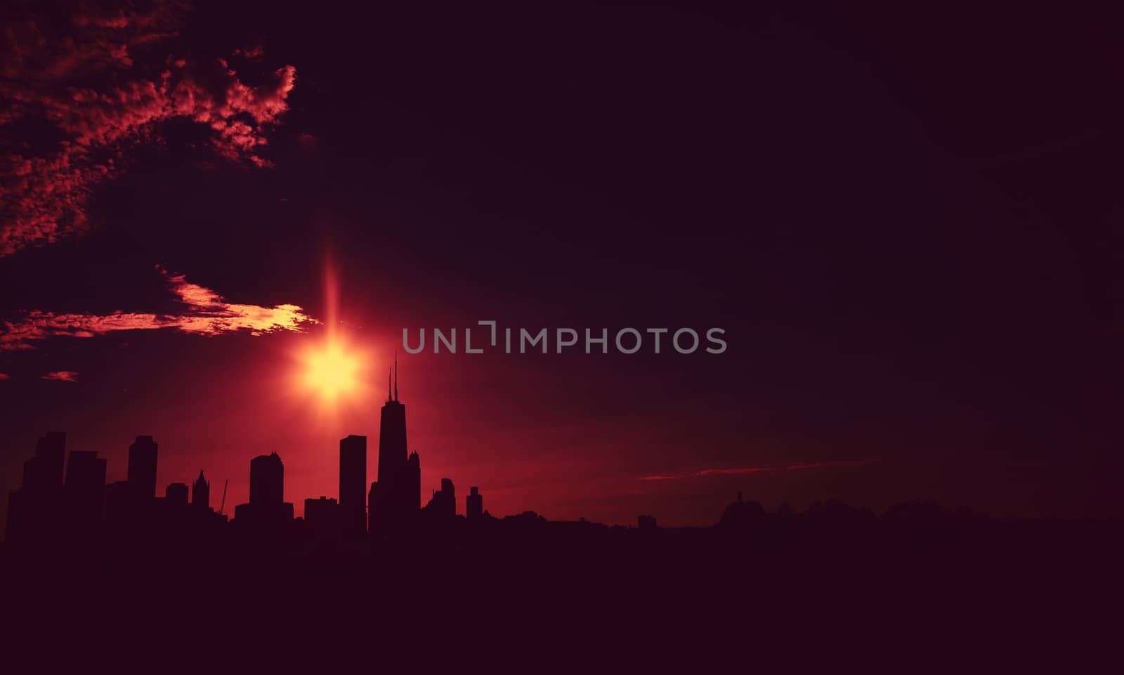 Skyline silhouette of chicago at dusk, USA.