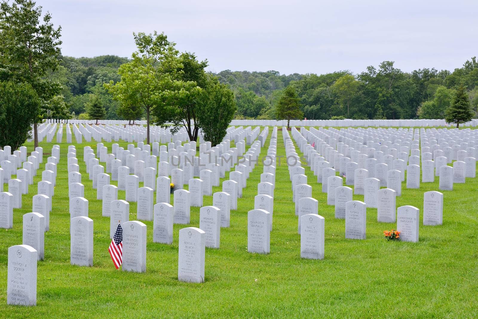 ELWOOD, ILLINOIS/USA - JULY 16: A small American flag honors the gravesite of a World War II veterans and Vietnam veterans at Abraham Lincoln National Cemetery on July 16, 2017 in Elwood, Illinois.