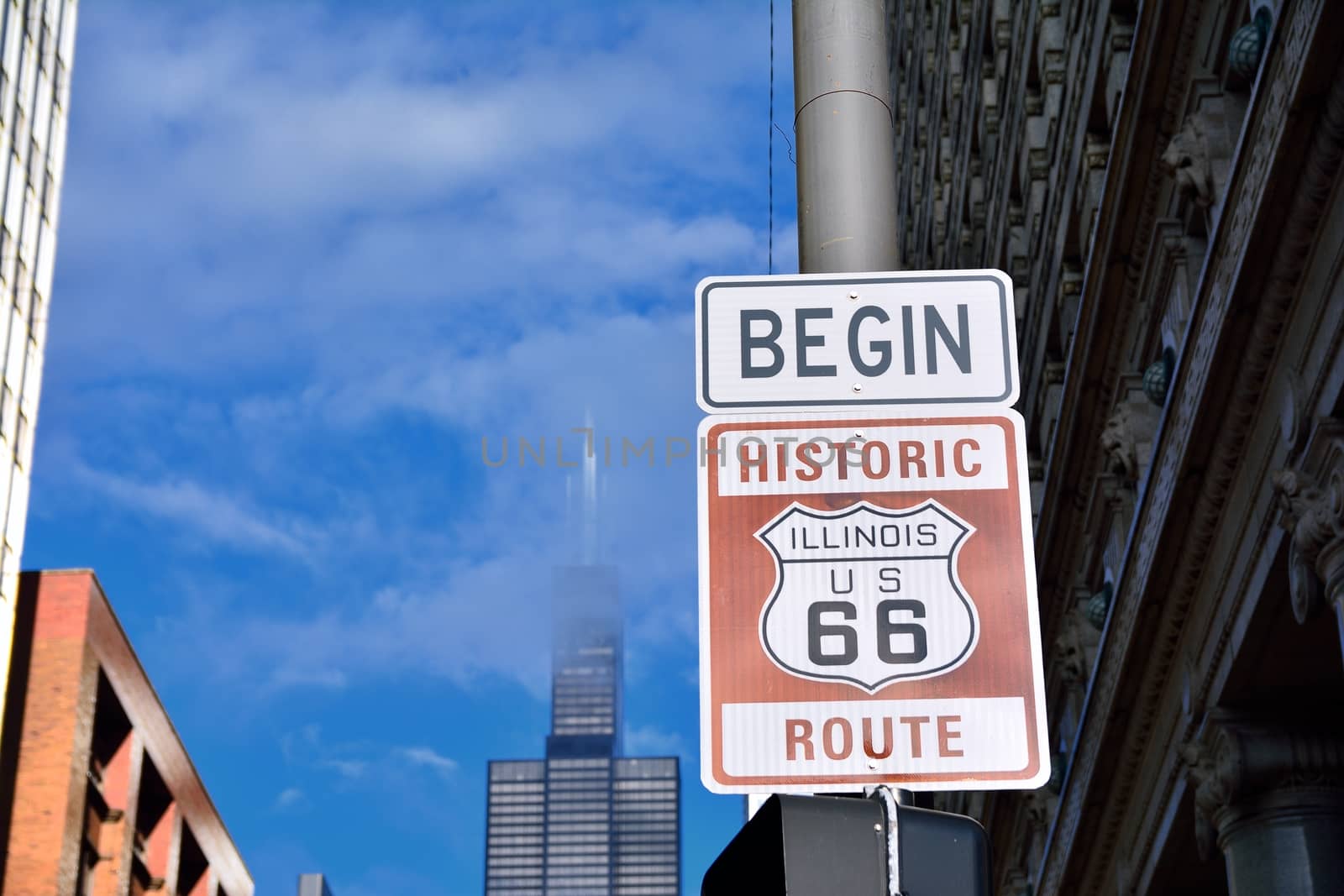 Route 66 sign, the beginning of historic Route 66, leading through Chicago, Illinois.