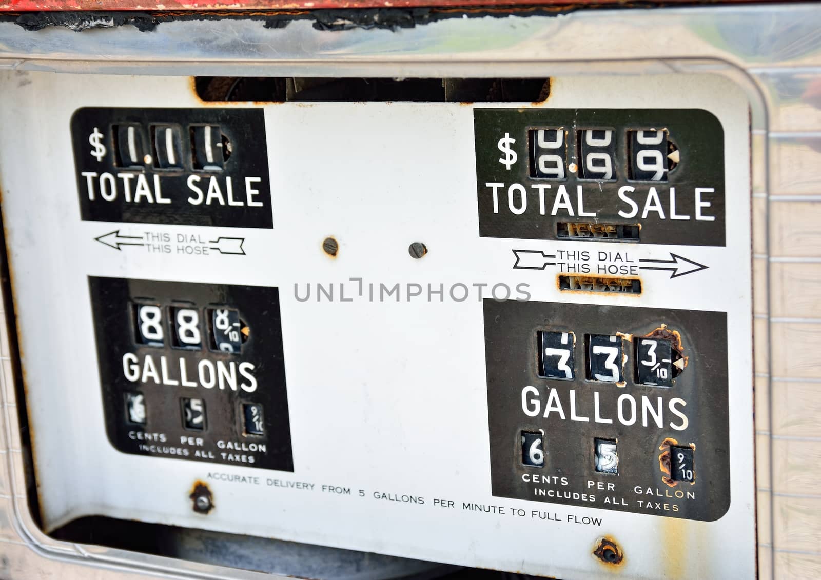 Old rusty american gas pump panel, displaying the price in dollars and filling amount in gallons